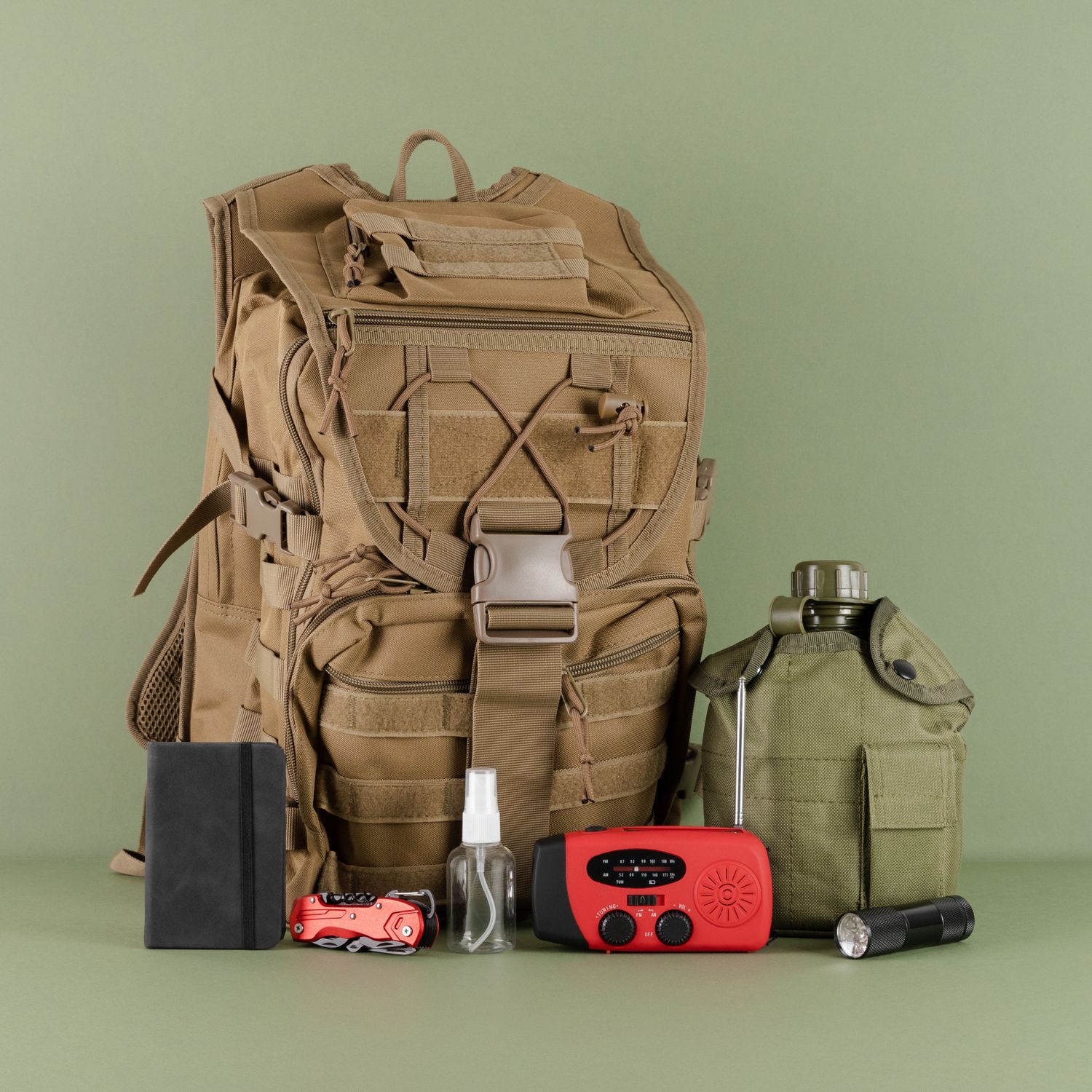 Military backpack and a survaval kit on a green background