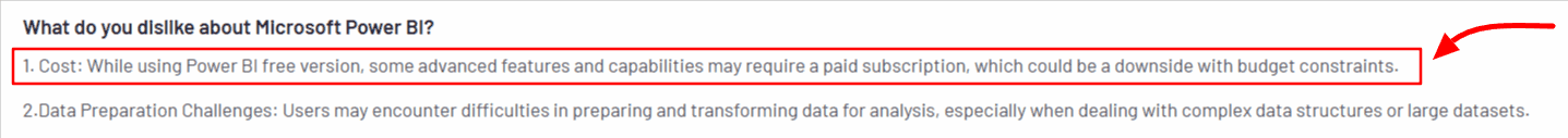 Microsoft Power BI review highlighting cost limitations of advanced features