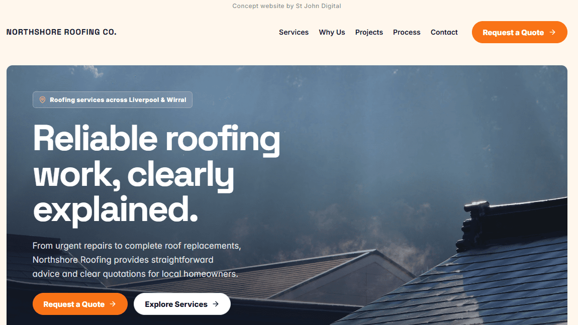 Northshore Roofing Co. concept website displayed in a browser mock-up.