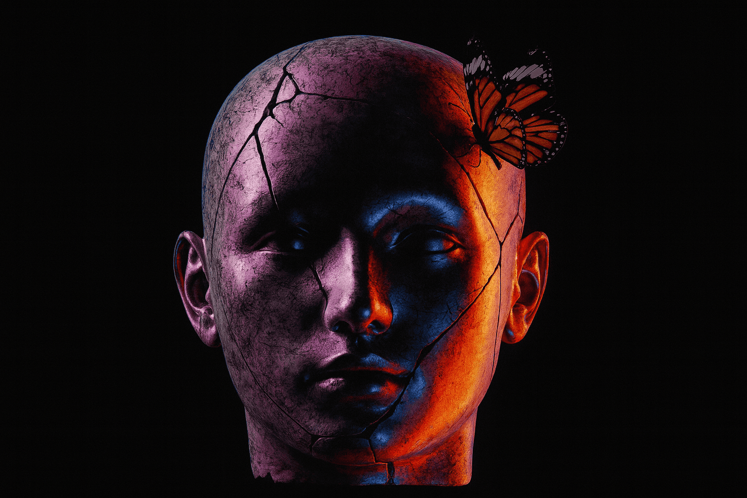 a man's face with a red and black background
