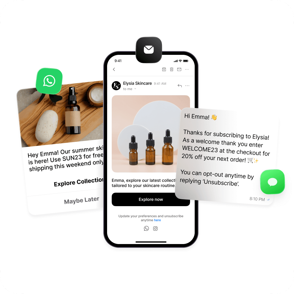 Telefon- und UI-Elemente der Kanäle WhatsApp, E-Mail und SMS zeigen Marketingkampagnen + Kundenengagement