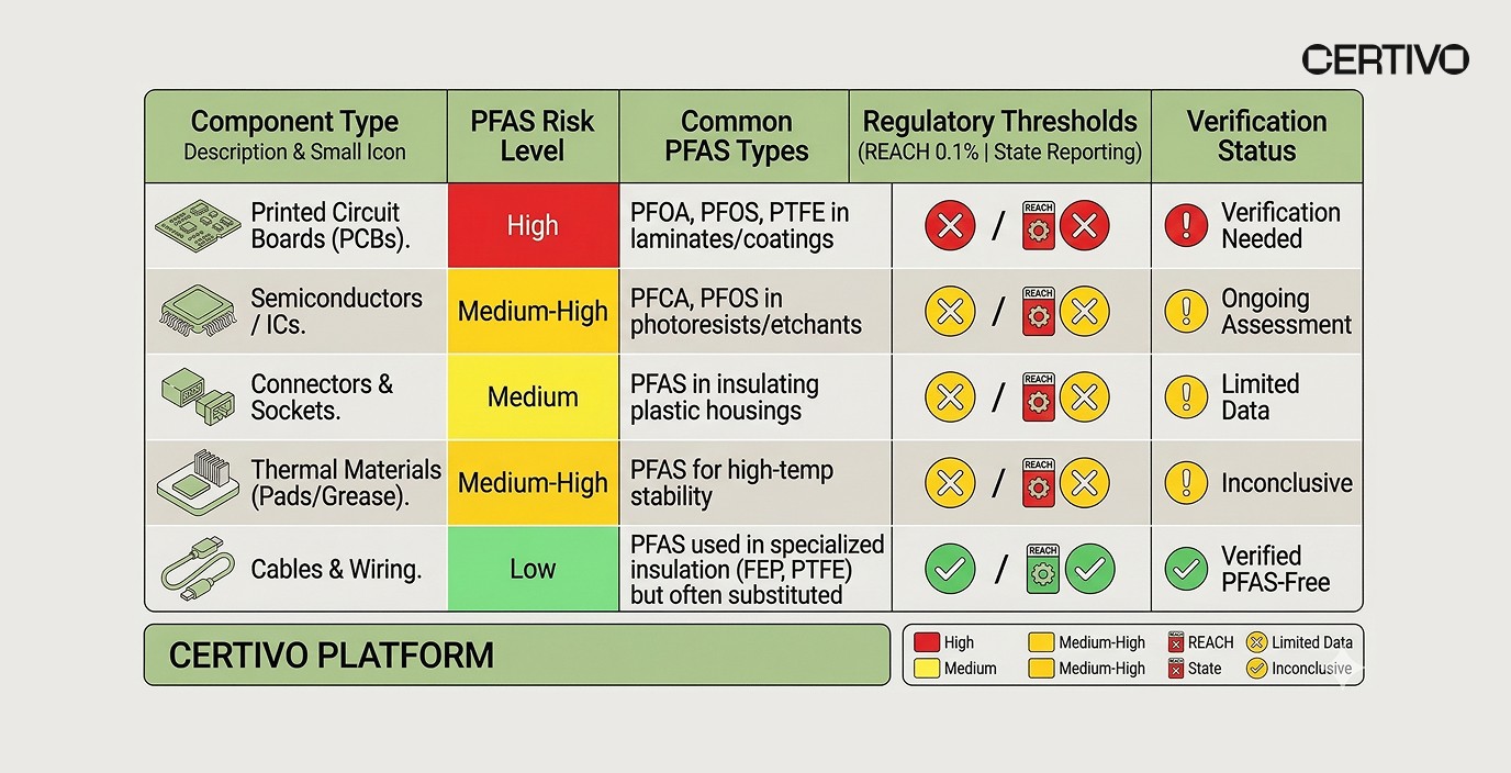 PFAS risk assessment matrix for electronics components and supplier compliance validation