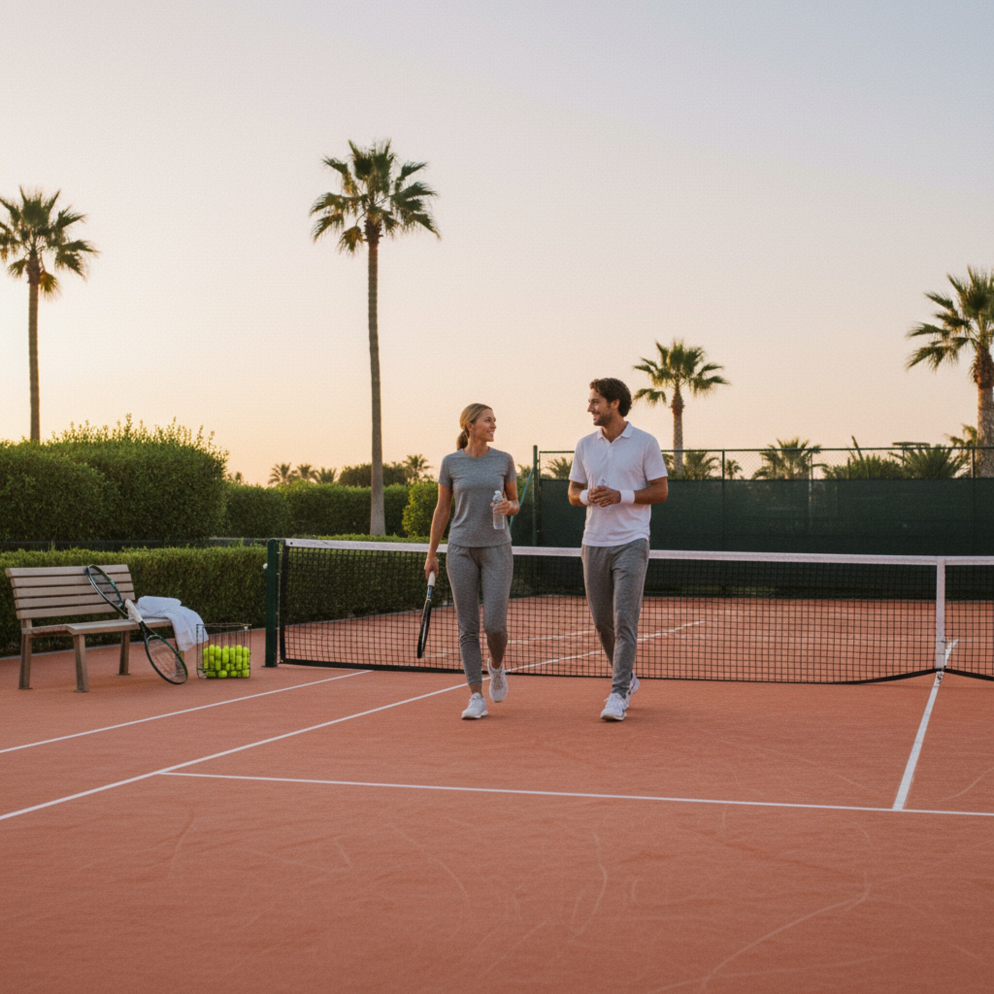Ein gepflegter Tennisplatz im Abendlicht, frische Linien, das Netz straff gespannt. Zwei Gäste laufen lächelnd zum Grundlinienbereich und klatschen sich ab. Neben dem Court liegen sauber sortierte Schläger und Bälle bereit. Die Luft wirkt warm und ruhig, perfekt für ein Match.