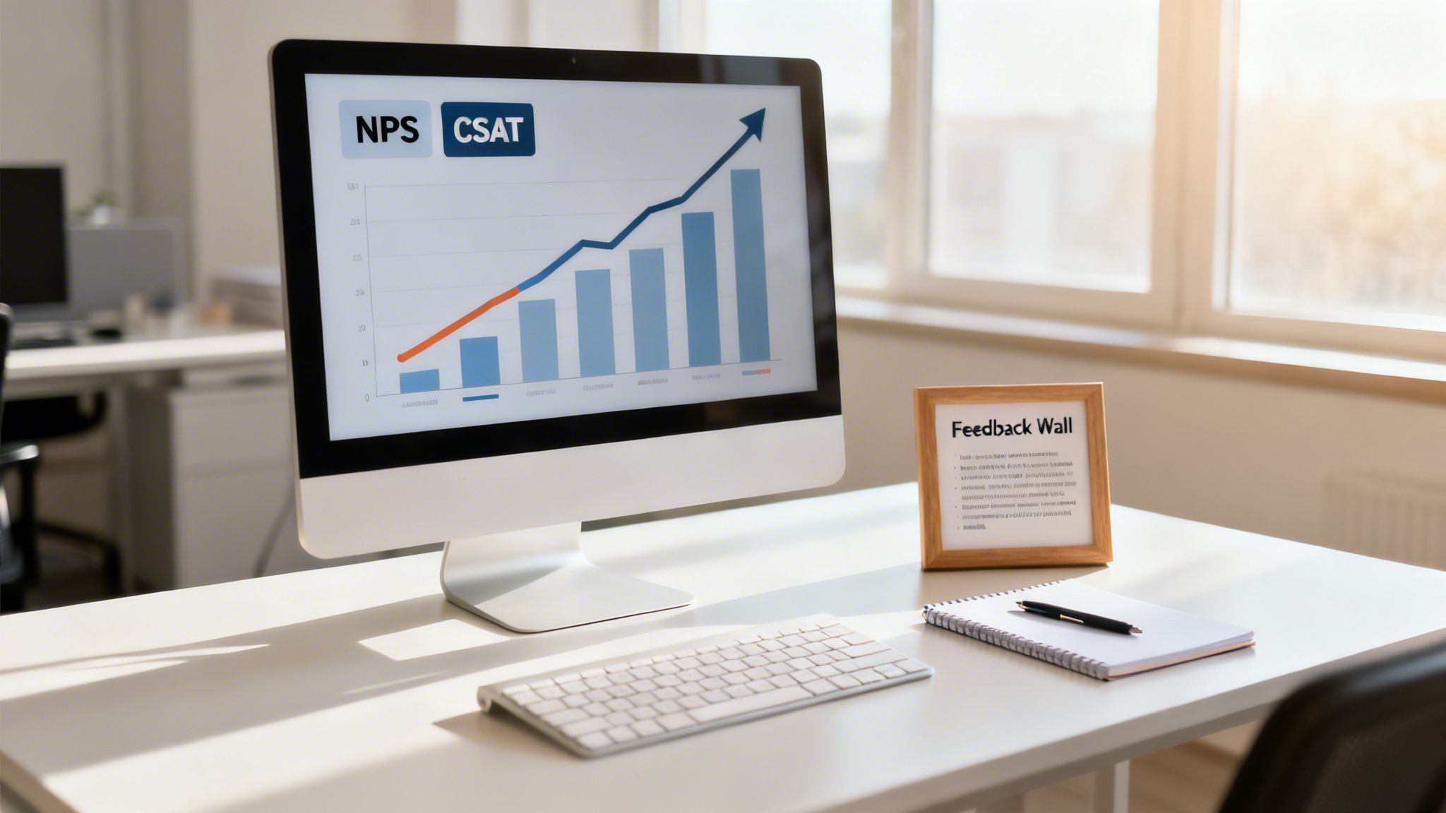 A computer monitor displays NPS and CSAT customer satisfaction graphs on an office desk with a feedback wall sign.