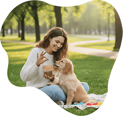 Woman feeding dog in a park