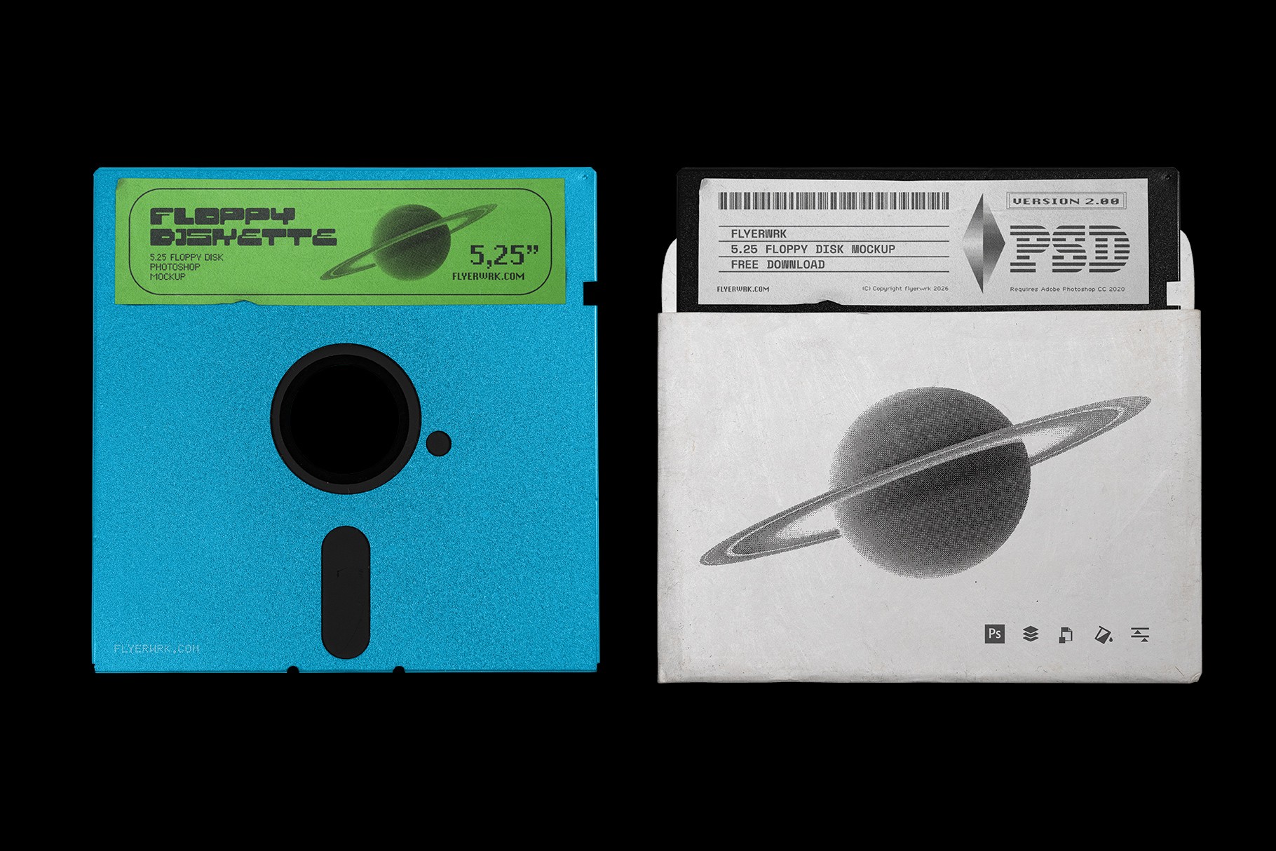 intage Floppy Disk 5.25 inch Mockup featuring a blue disk and a white paper sleeve with planet graphics