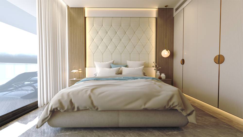 A stylish bedroom featuring a bed and a spacious closet, located in Samana Santorini.