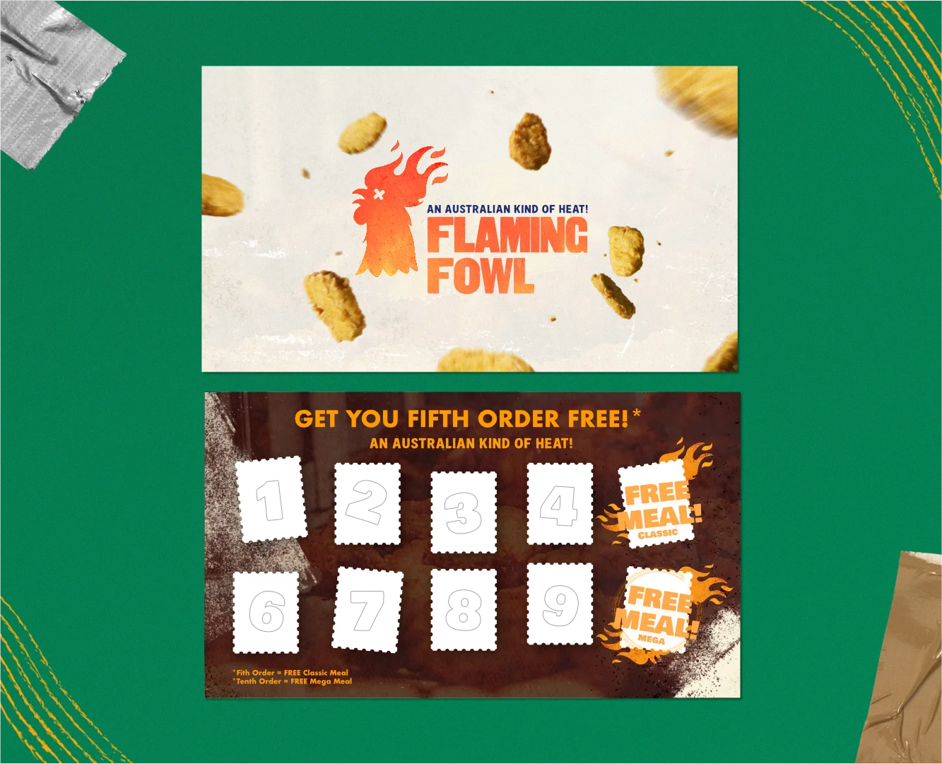 Custom loyalty rewards card design for Flaming Fowl by Made by Campfire, featuring a 10-stamp "Fifth Order Free" system and high-impact branding for a specialty chicken brand.