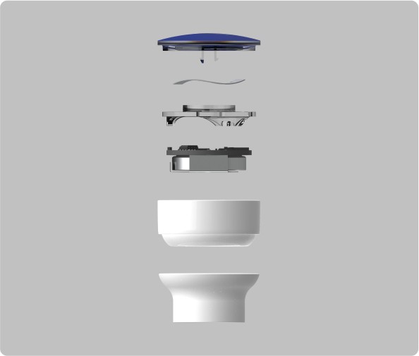 Exploded view of top of metered dose attachment.