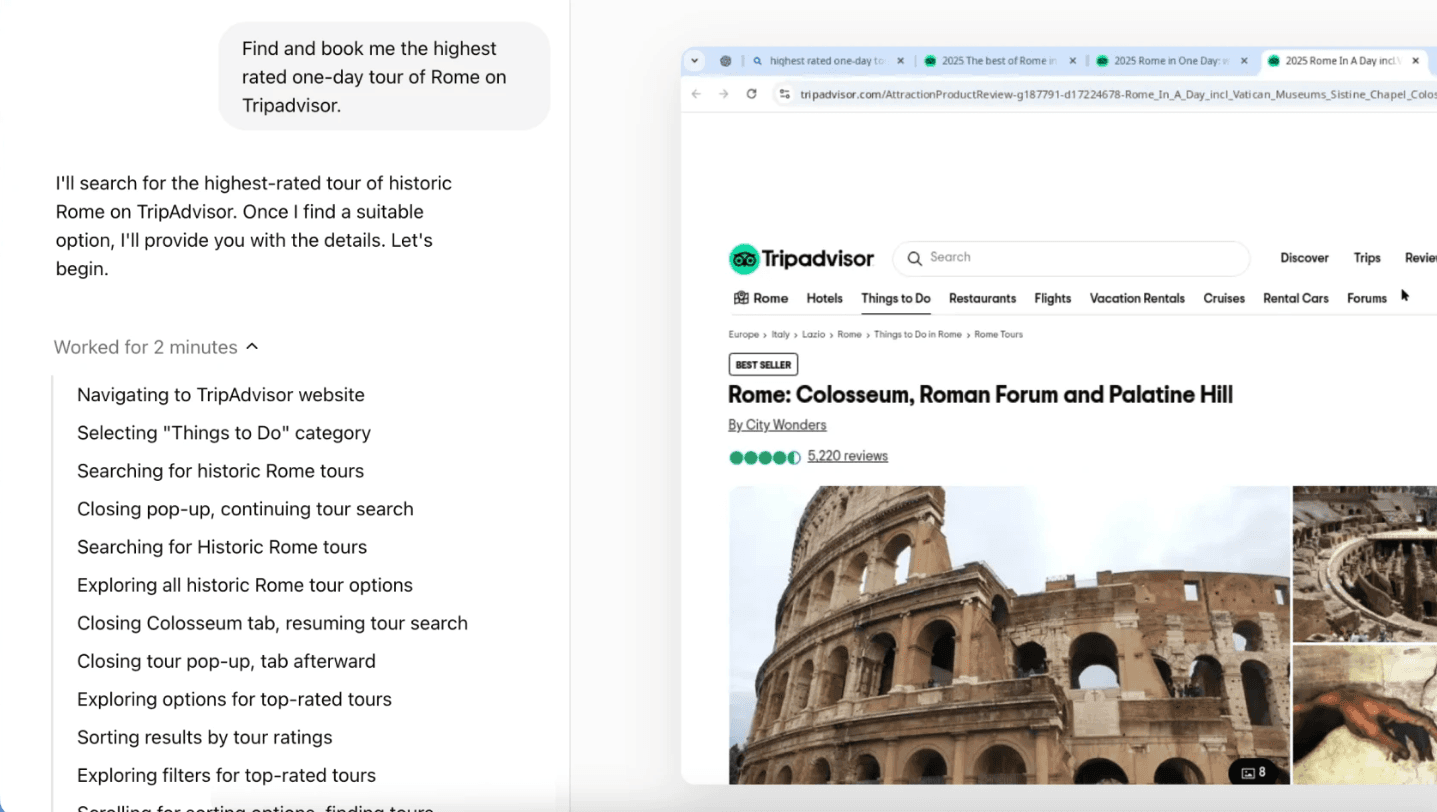 Screenshot of a travel-related blog page showing a TripAdvisor search for tours of the Colosseum, Roman Forum, and Palatine Hill in Rome. The left side contains text instructions on searching for top-rated tours, while the right side displays a TripAdvisor webpage with an image of the Colosseum.