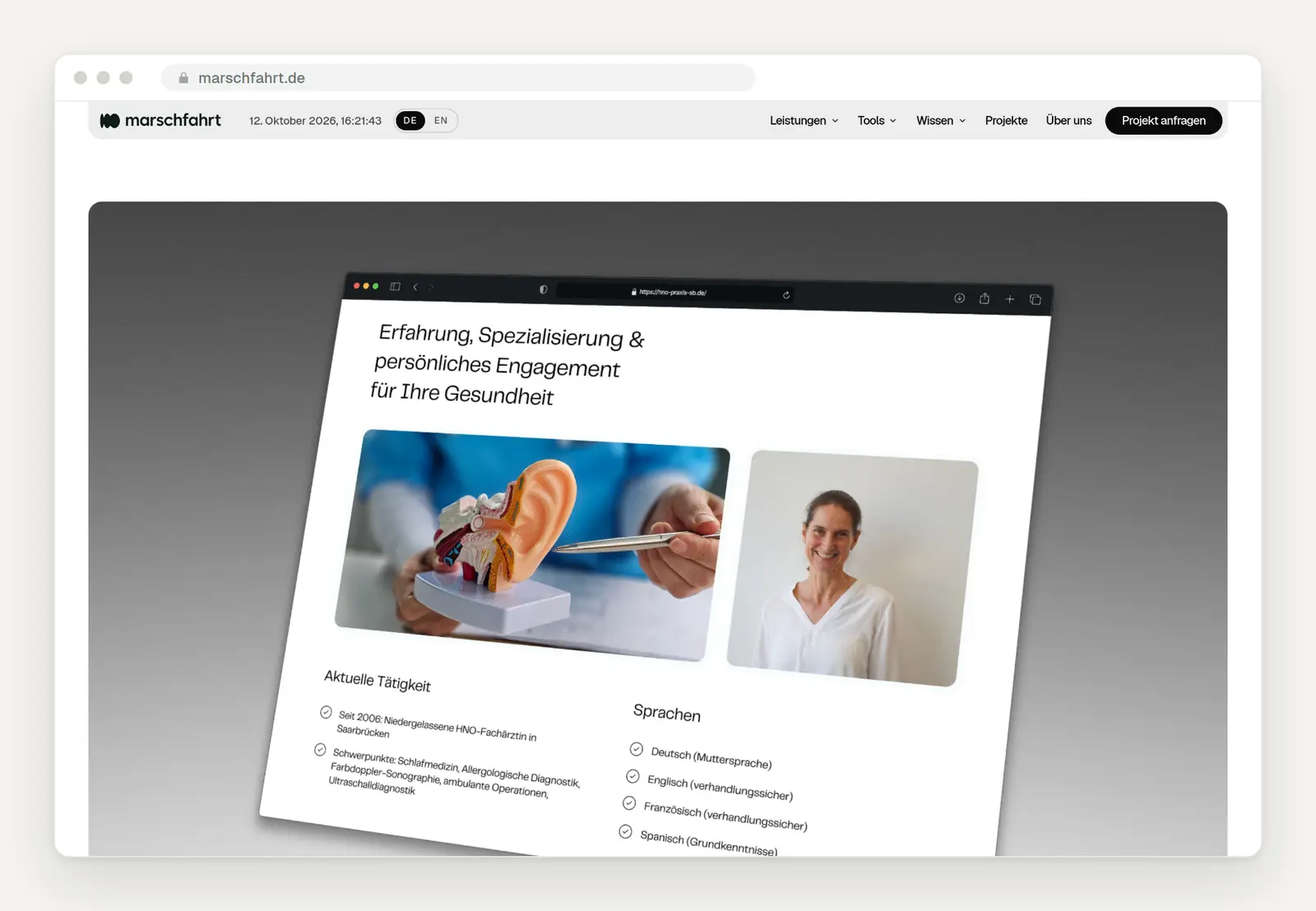Praxis-Website einer HNO-Praxis: persönliche Vorstellung der Ärztin mit Schwerpunkten und Sprachen