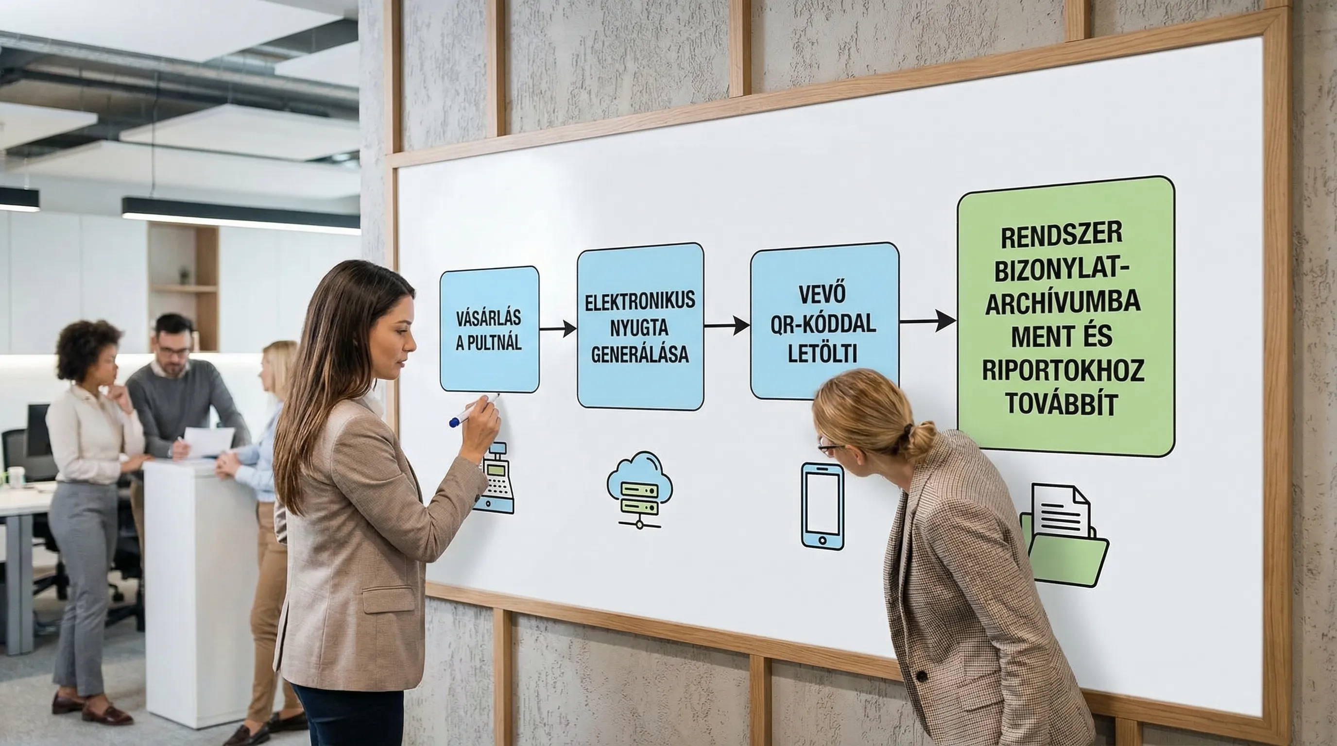 Egy egyszerű folyamatábra: vásárlás a pultnál, elektronikus nyugta generálása, vevő QR-kóddal letölti, a rendszer bizonylat-archívumba ment és riportokhoz továbbít.