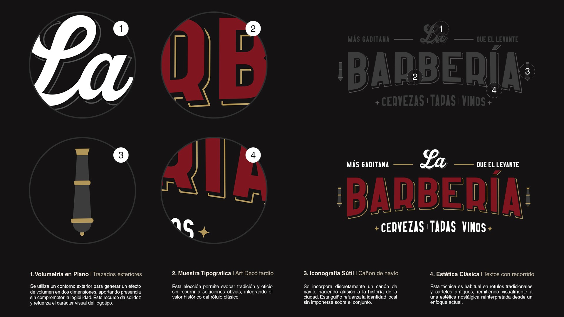Elementos gráficos del branding de La Barberia — reinterpretación contemporánea de estética tabernaria gaditana · Estudio Varsau