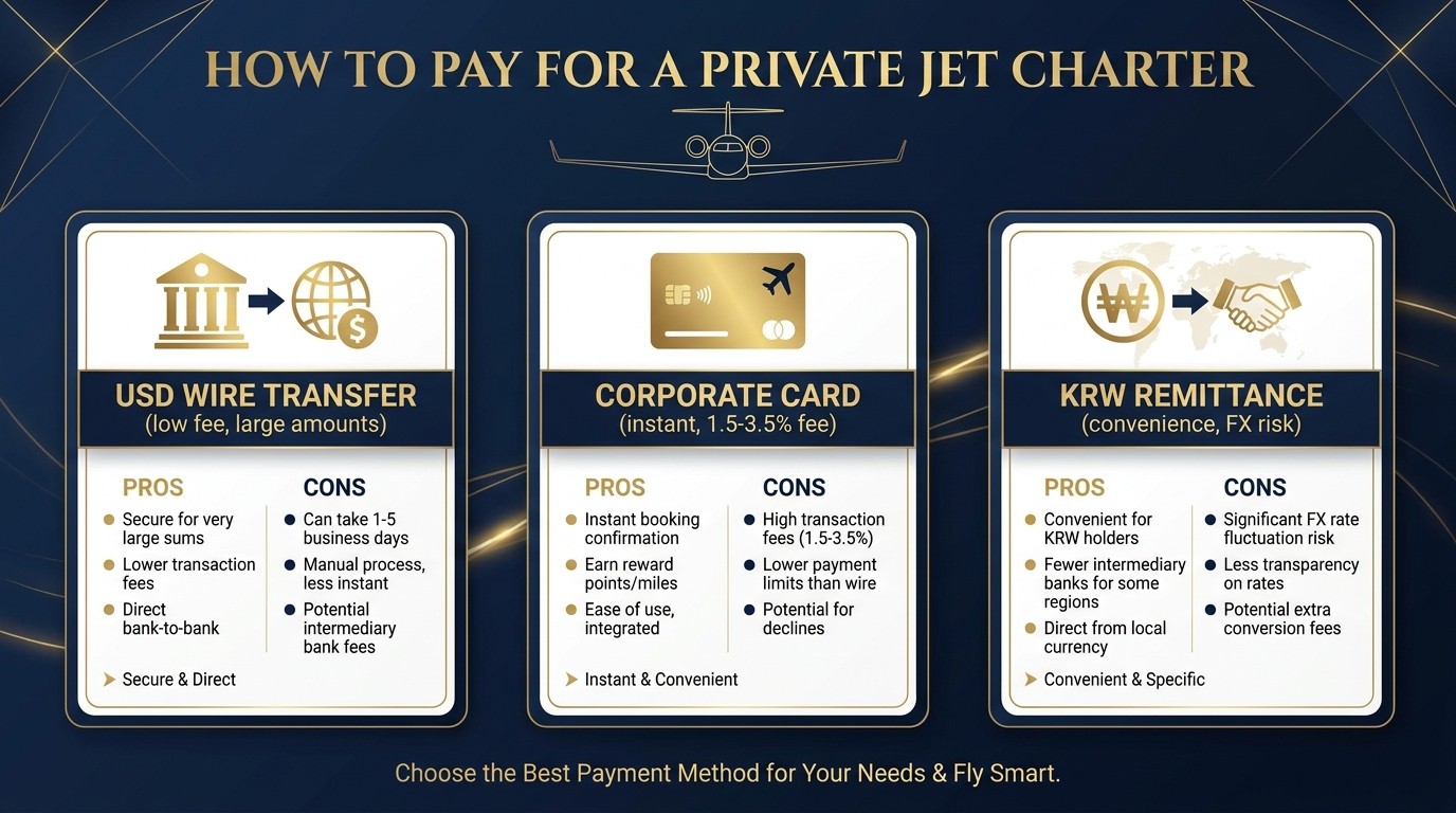 Private jet payment methods compared — USD wire transfer, corporate credit card, local currency remittance, fees, limits, FX, pros and cons