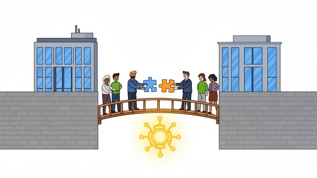 People on a bridge connecting puzzle pieces between two buildings, symbolizing collaboration.