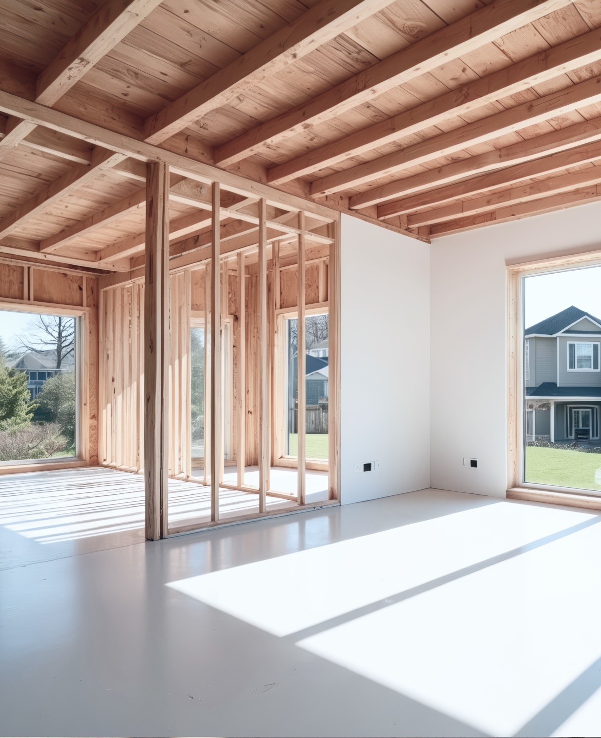 Home addition construction with exposed framing, new layout, and large window openings for natural light