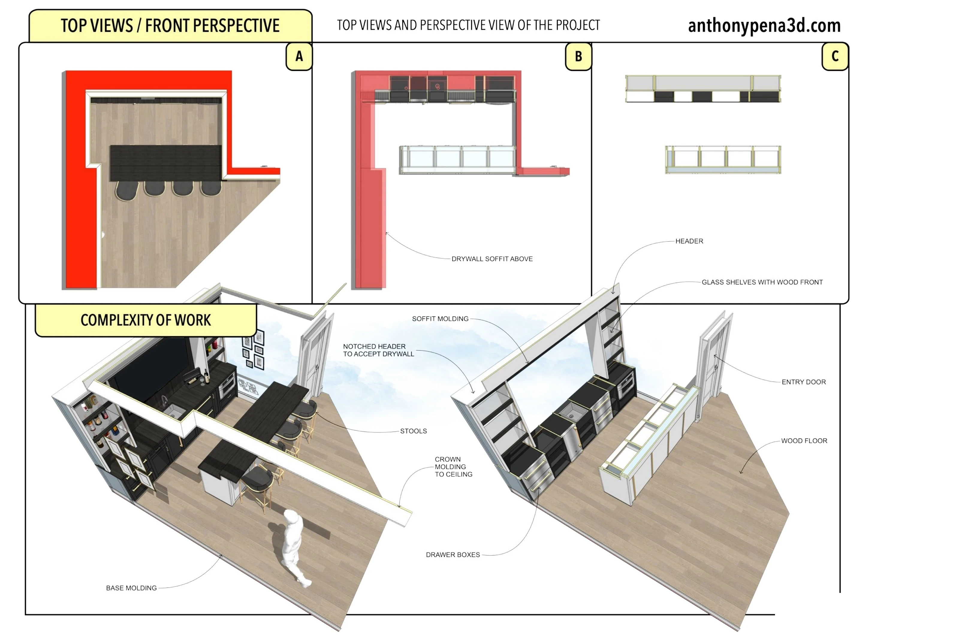 Screen & Seating Bar: Bar plans and paired cutaway views.