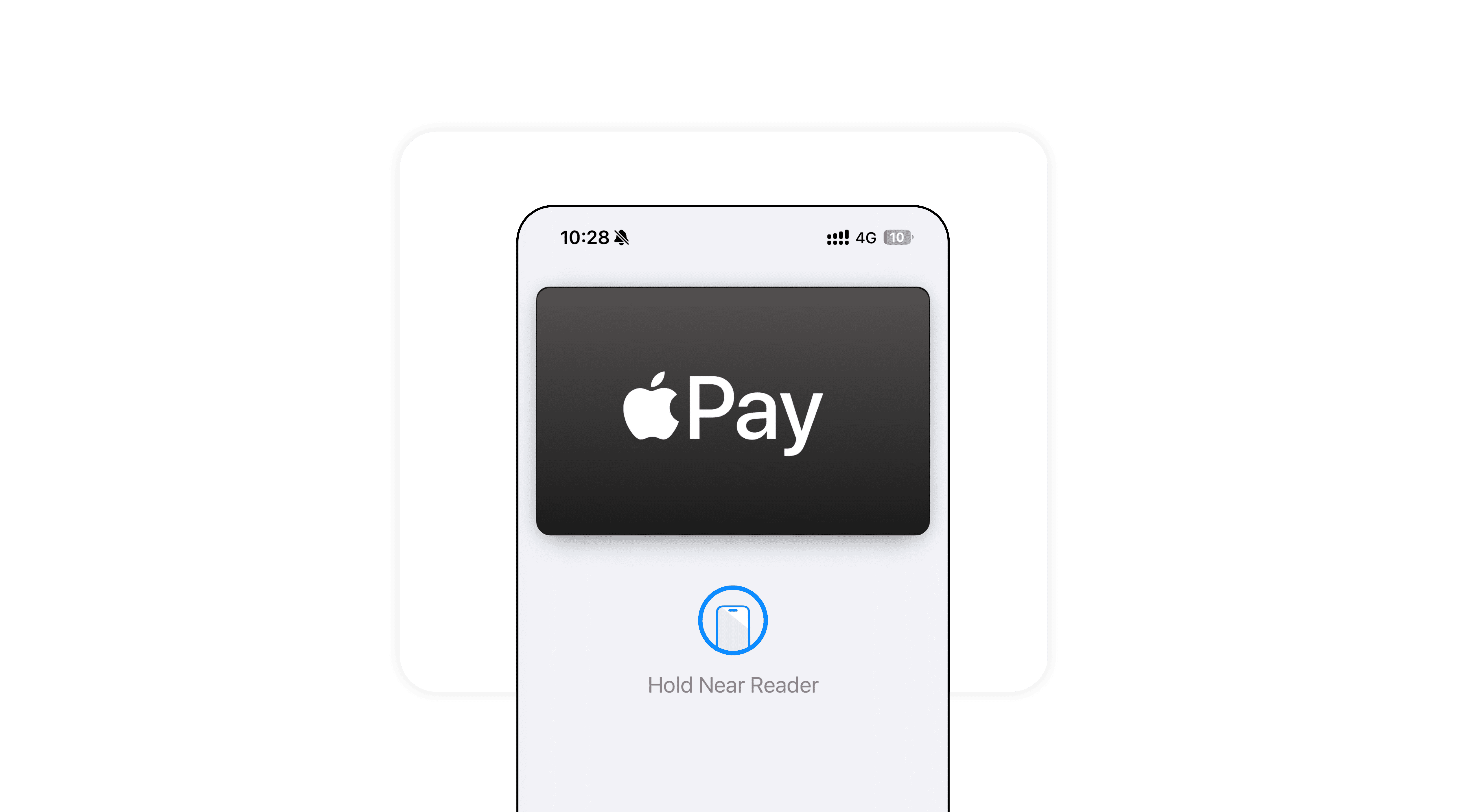 A minimalist mockup of a smartphone screen displaying the official Apple Pay logo above a contactless card reader payment icon.