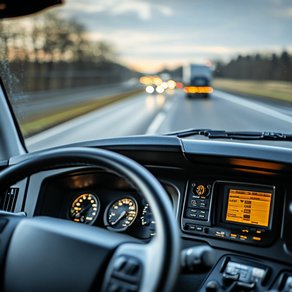 A photo of a truck dashboard with an electronic logging device prominently displayed, capturing the complexity of on-the-road compliance technology. 