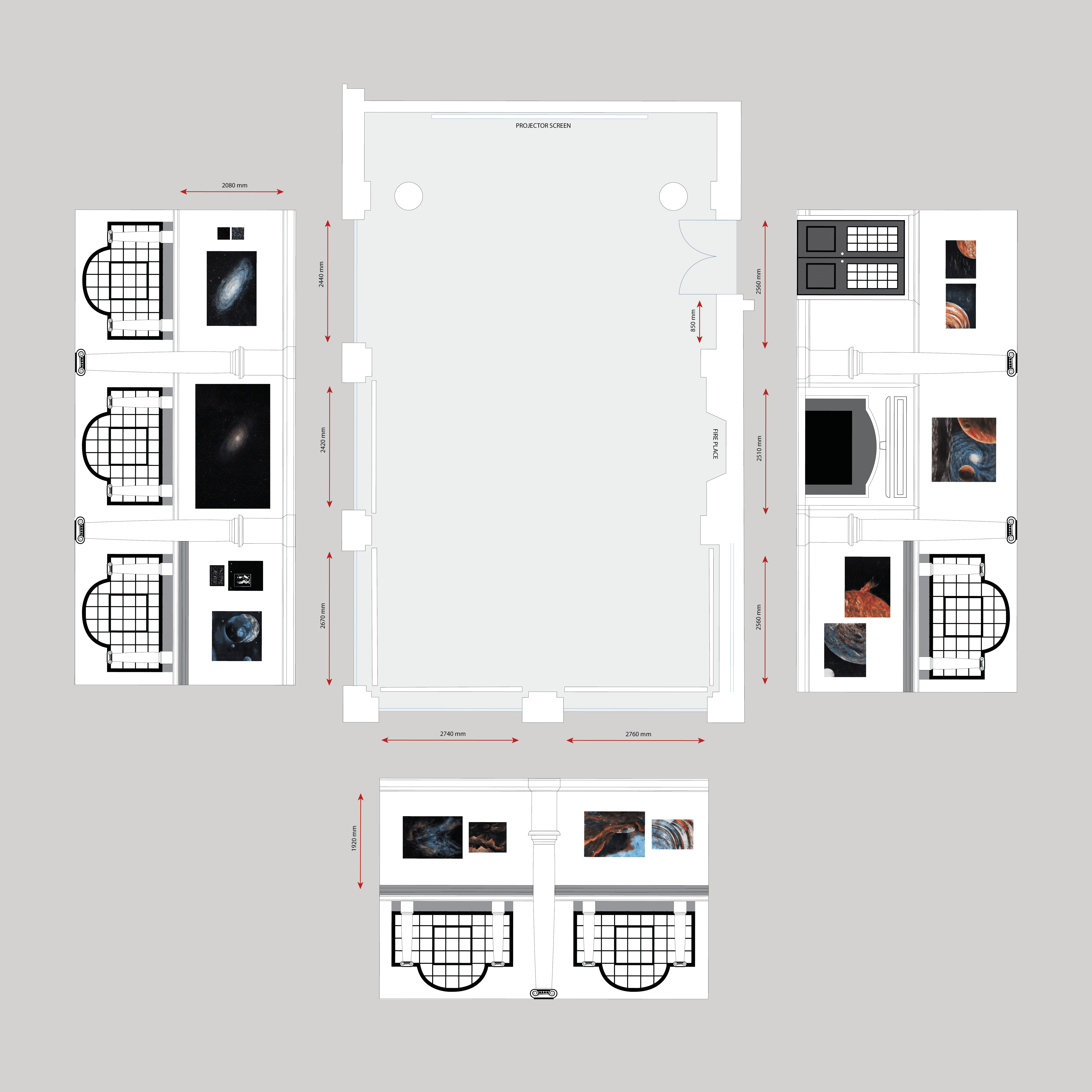 two people facing to the right, standing in front of two arworks