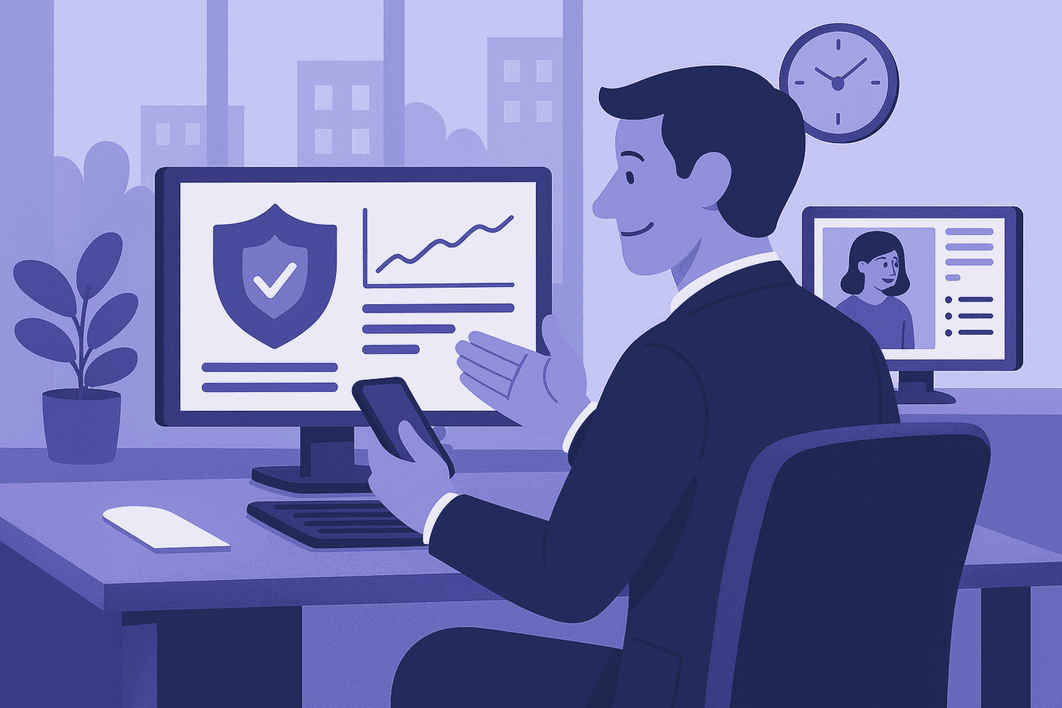 Flat-style digital illustration of a leader monitoring workplace security dashboards while communicating with a remote employee, symbolizing trust, transparency, and balanced digital oversight in a modern office.