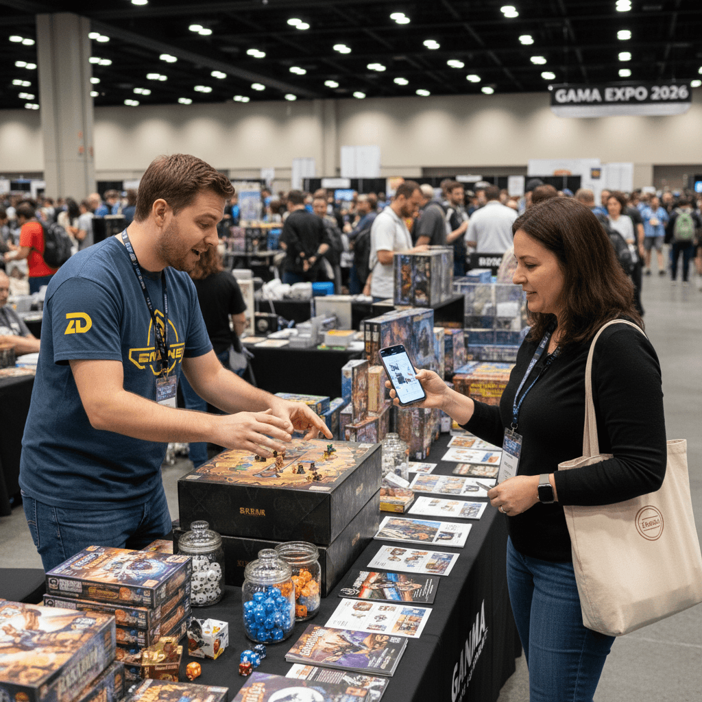 Tabletop gaming professionals attending GAMA EXPO 2026 exhibition hall in Louisville, using Habsy lead capture app for structured trade show follow-up.