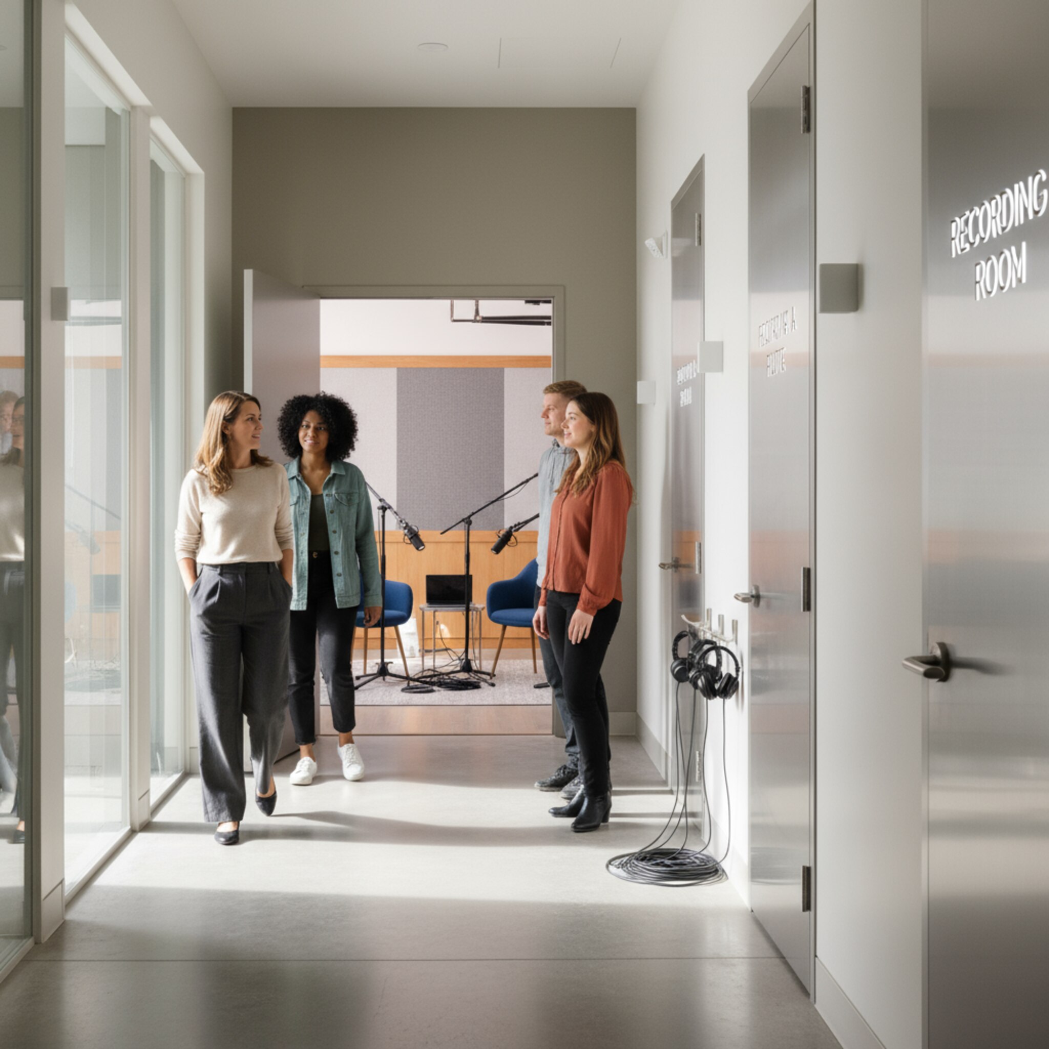 Eine Produzentin führt ein Team durch den Flur eines modernen Studios, Türen sind mit klaren Raumnamen beschriftet. Ein Raum ist vorbereitet, Stühle stehen geordnet, Kopfhörer hängen bereit. Ein ruhiger Moment der Übergabe, der Struktur und Verfügbarkeit spürbar macht.