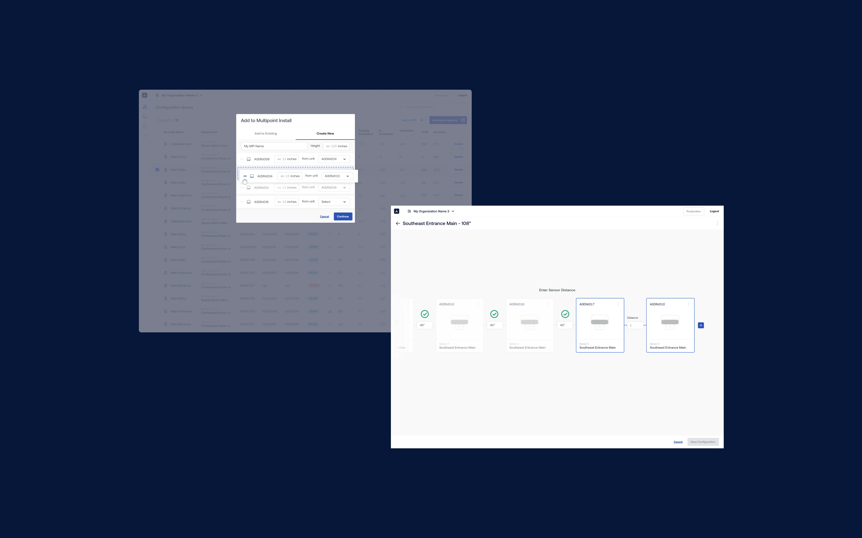 Workflow diagram and form interface on a blue background