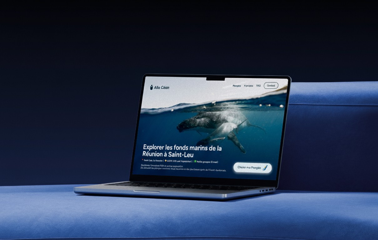 Création de site internet à la Réunion pour une activité de plongée à Saint-Leu, montrée sur un ordinateur portable gris posé sur un canapé bleu, avec une image immersive d’une baleine sous-marine