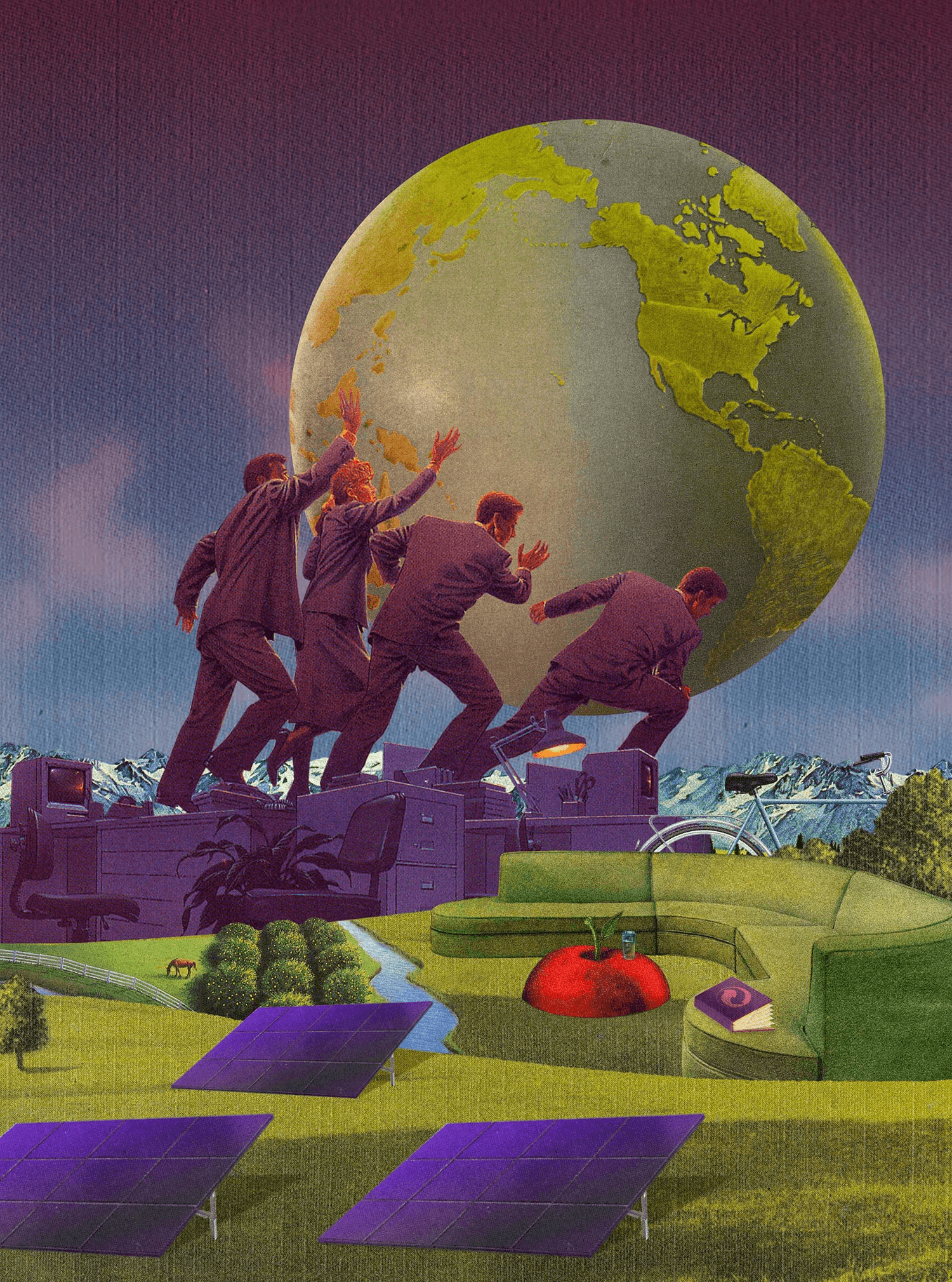 A cozy workspace featuring a wooden desk, a lamp, books, and a plant, illuminated by warm sunlight.