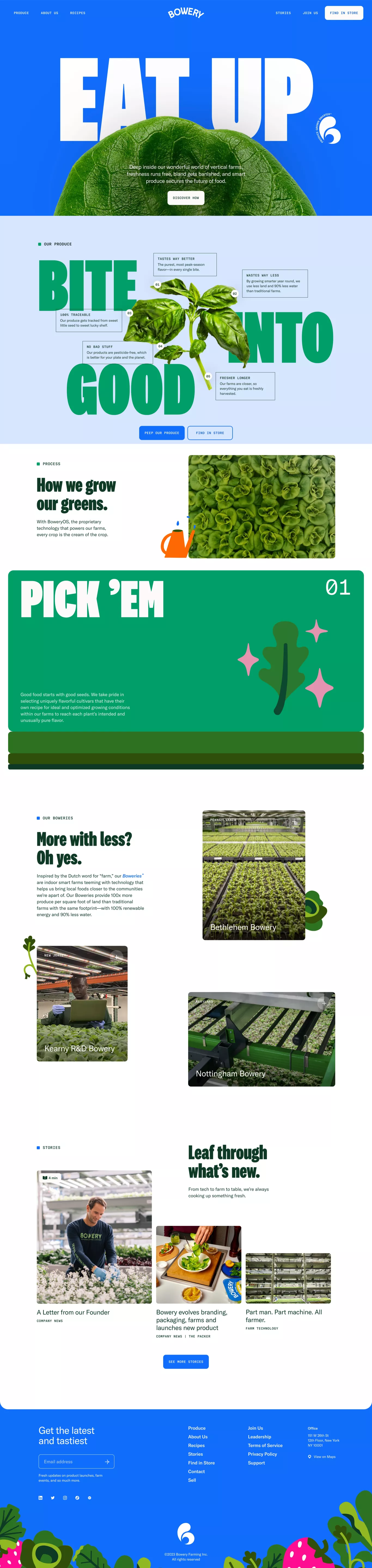 Bowery landing page screenshot showcasing Food & Drinks and Nature design