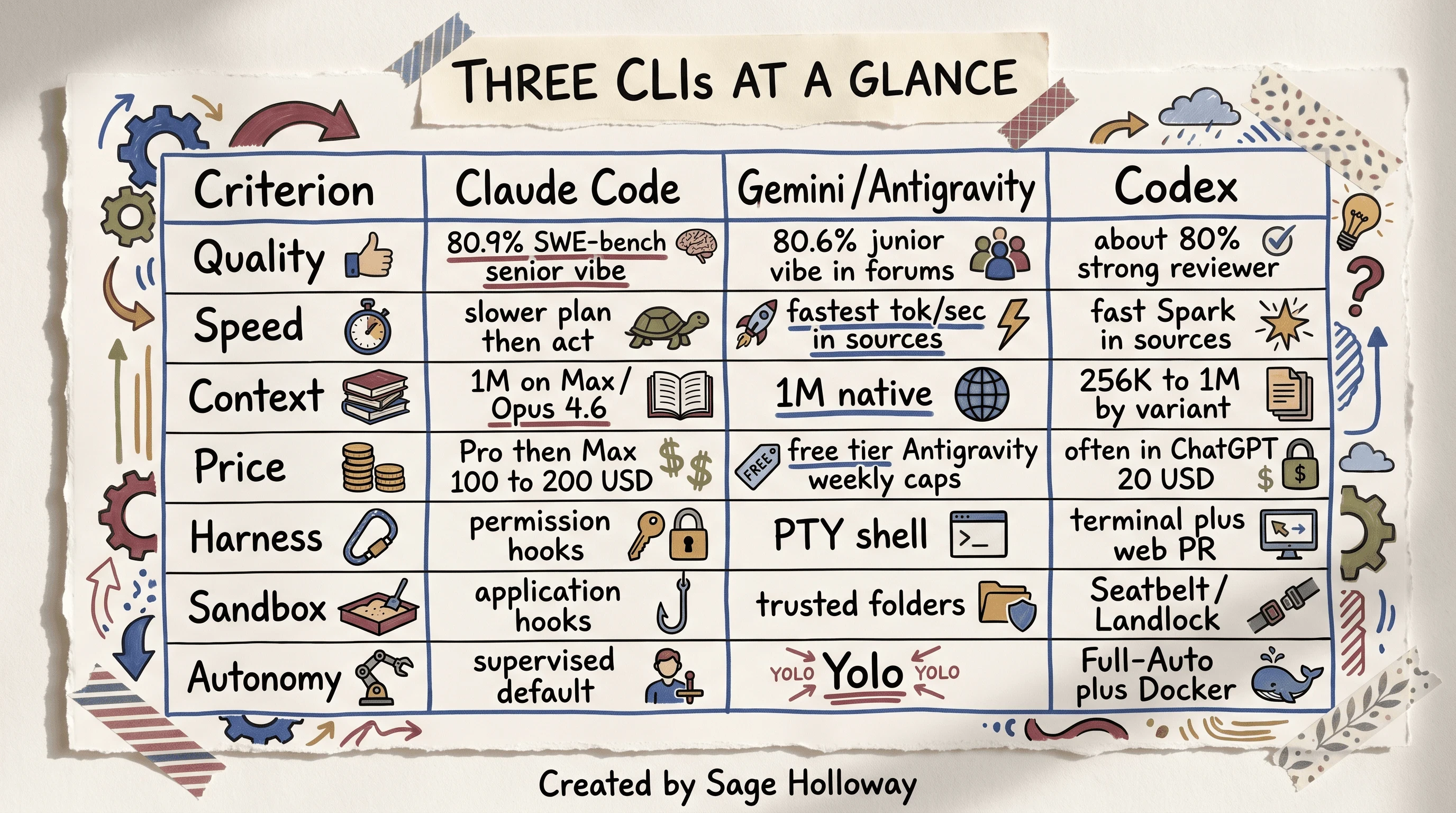 Comparison table of Claude Code vs Gemini CLI and Antigravity vs Codex at a glance