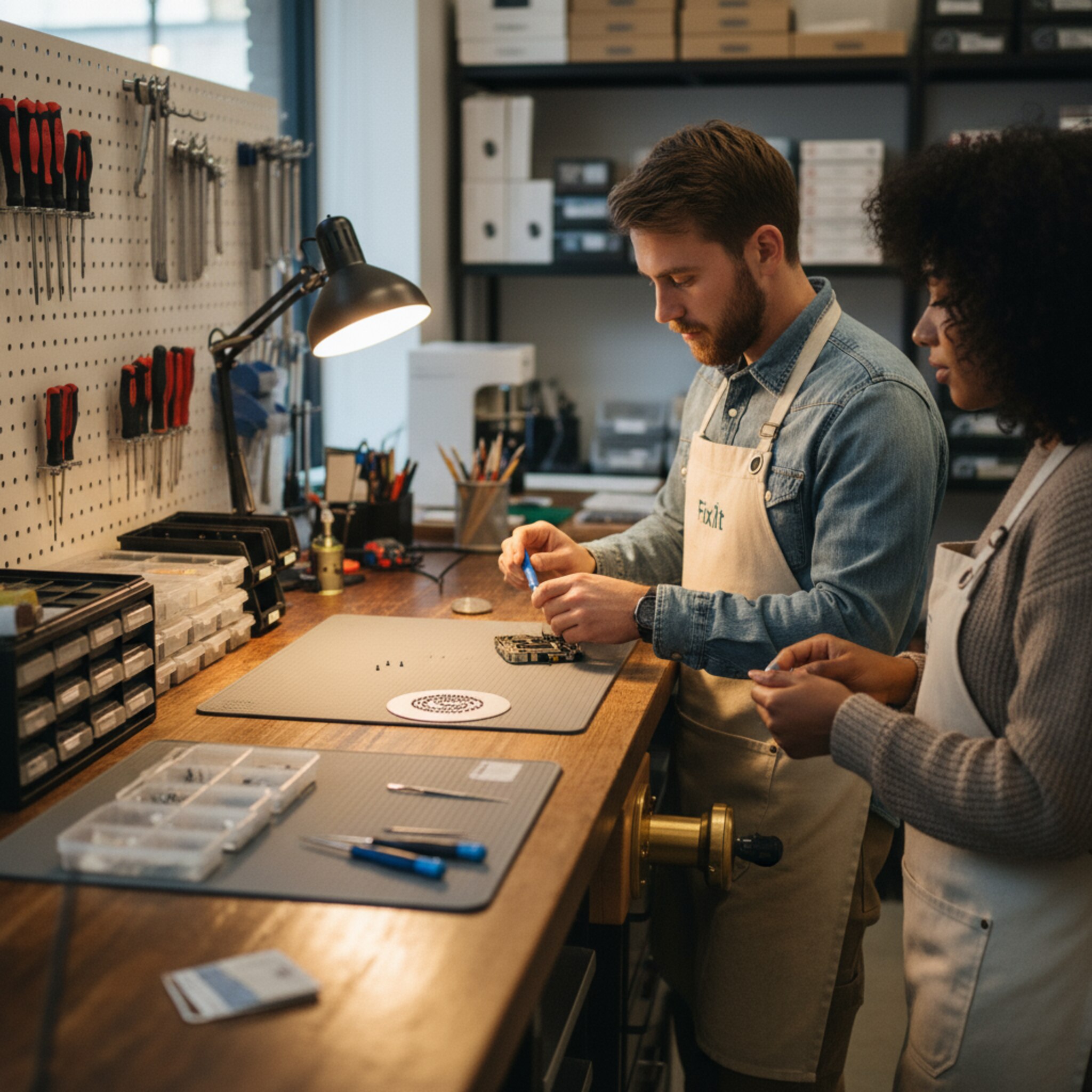 An einer Werkbank öffnet ein Techniker behutsam ein kleines Gehäuse, feine Schrauben liegen auf einem Magnetpad bereit. Eine Kollegin reicht ihm präzise einen passenden Schraubendreher. Das fokussierte Licht einer Arbeitslampe bündelt sich auf die Fläche. Der Tresen vermittelt Handwerk, Sorgfalt und Kompetenz.