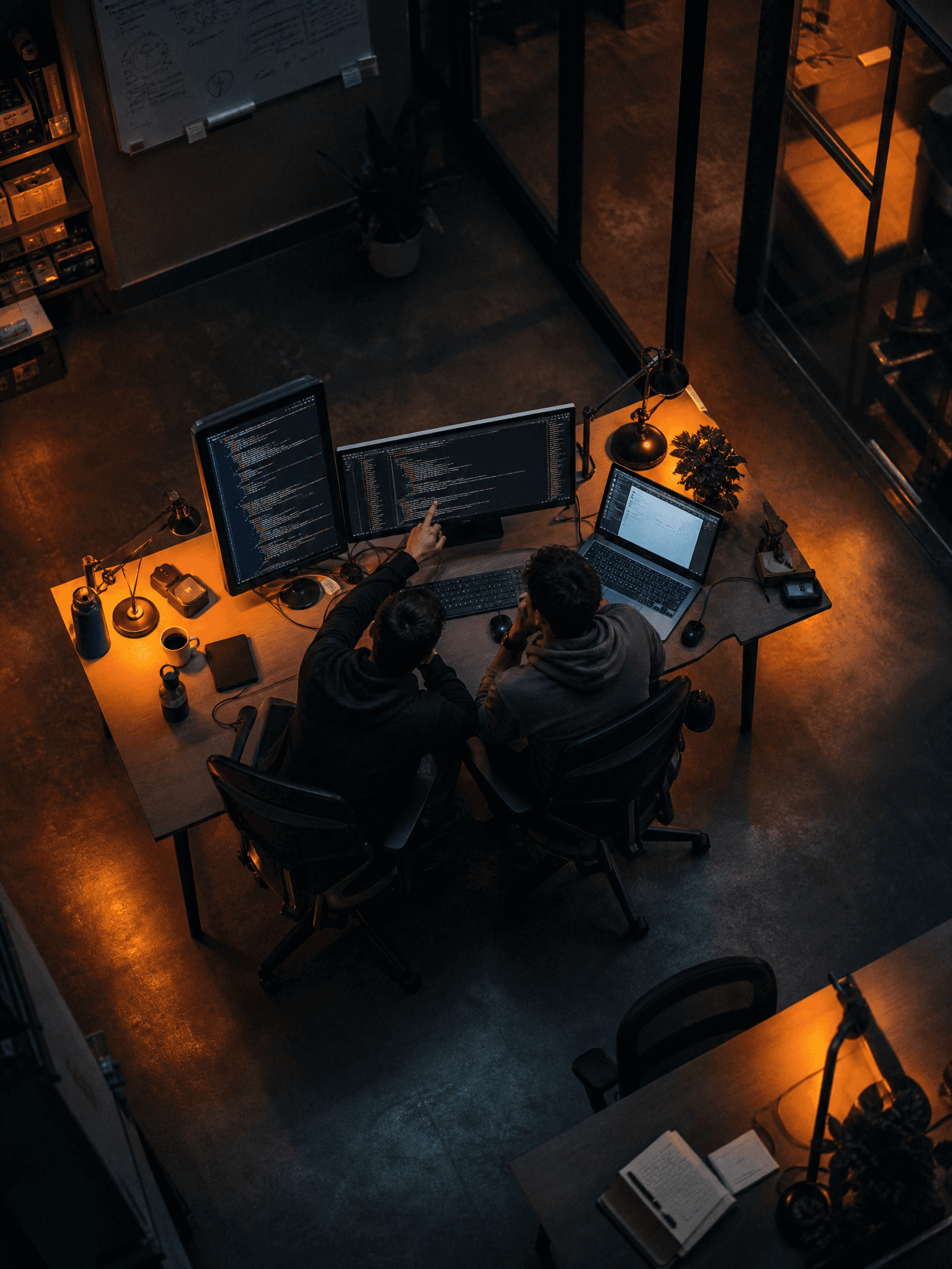 Engineers pairing on the Veyro platform at night