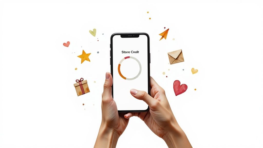 Hands hold a smartphone displaying 'Store Credit' progress. Whimsical watercolor illustrations of gifts and hearts surround it.