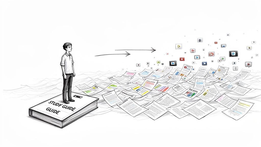 Student on a study guide book faces a vast sea of papers and digital content.