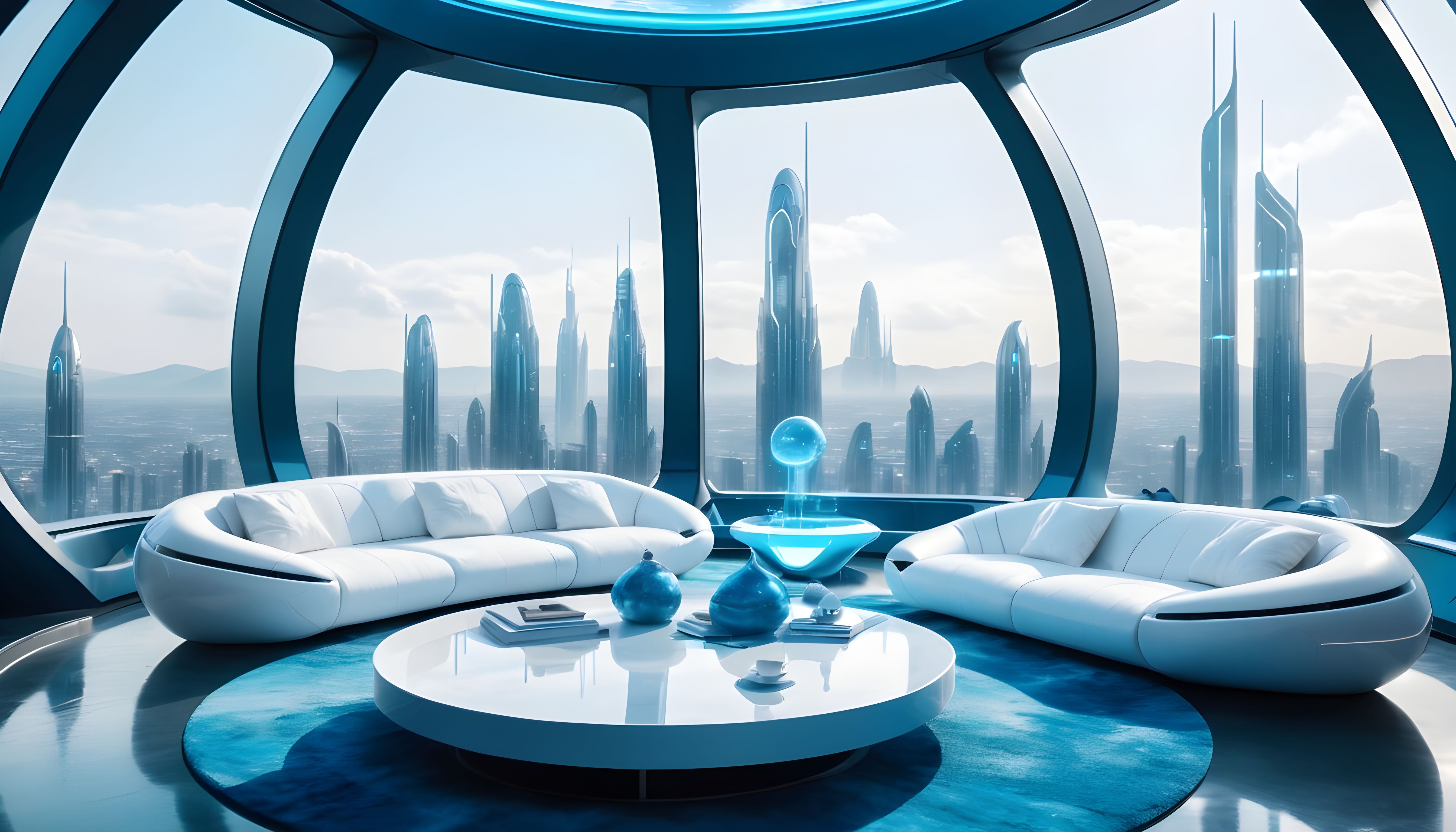 Futuristic interior with white curved sofas, a round white coffee table with decorative blue spheres and a bowl, overlooking a futuristic cityscape