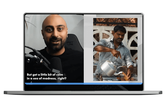 split-screen-on-laptop-man-speaking-into-microphone-on-left-text-displaying-subtitles-man-pouring-tea-from-kettle-on-right-outdoor-background