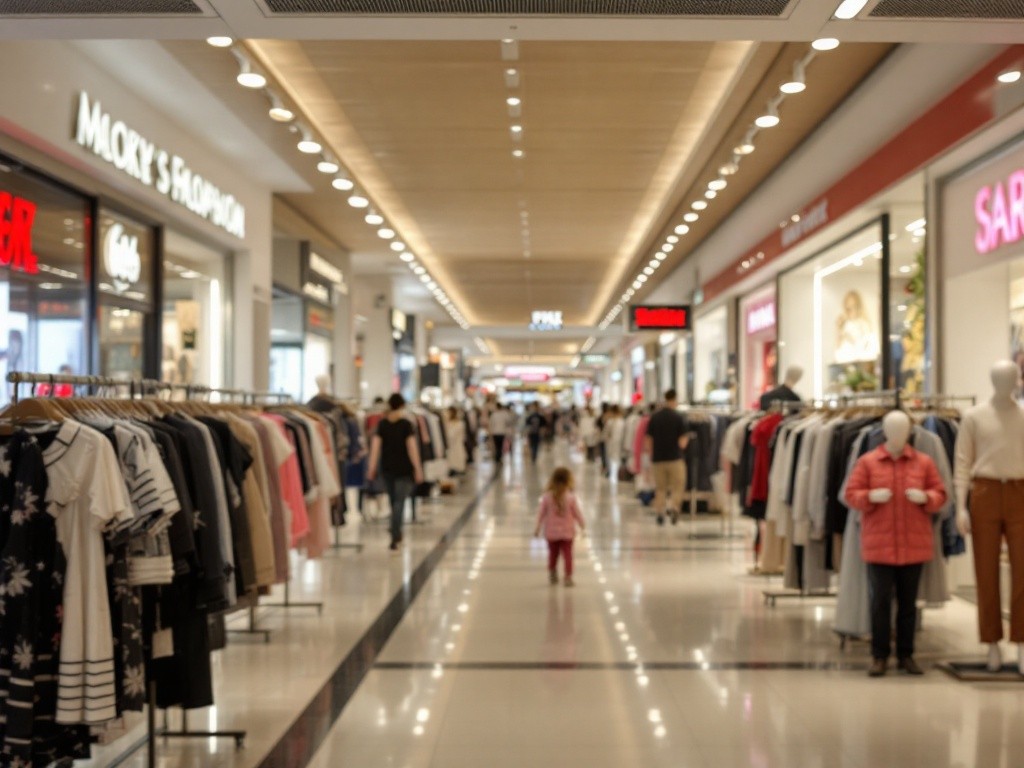 Blurry image of a shopping mall hallway with clothing stores on both sides.