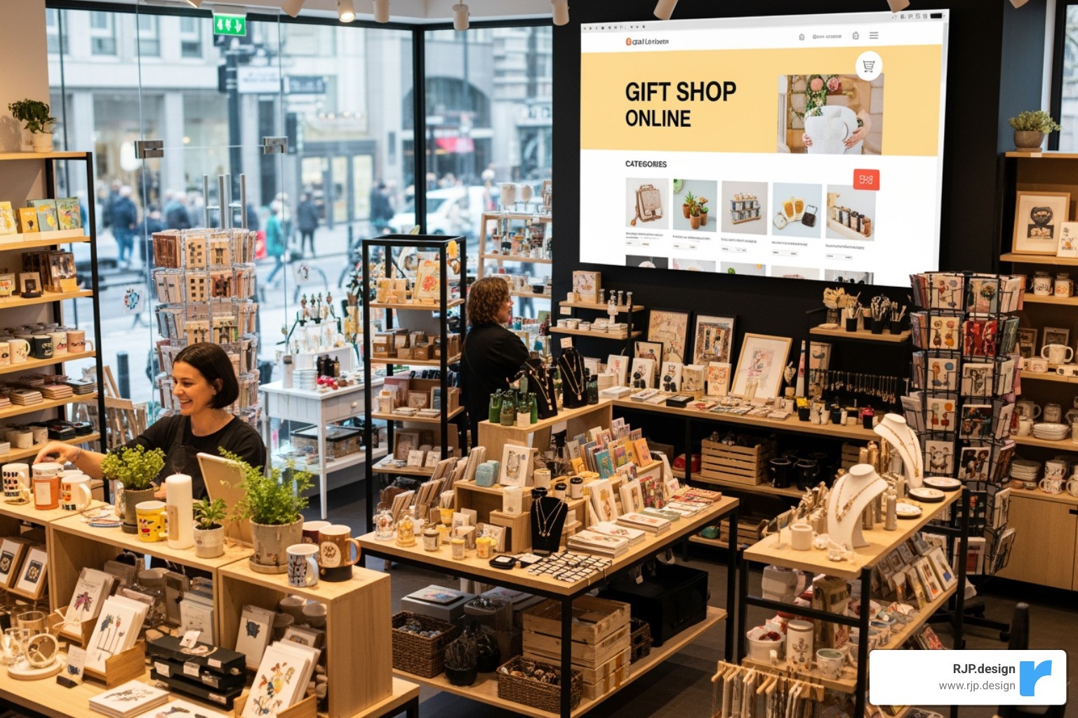 a split-screen showing the same website on a desktop and a mobile phone - gift shop website