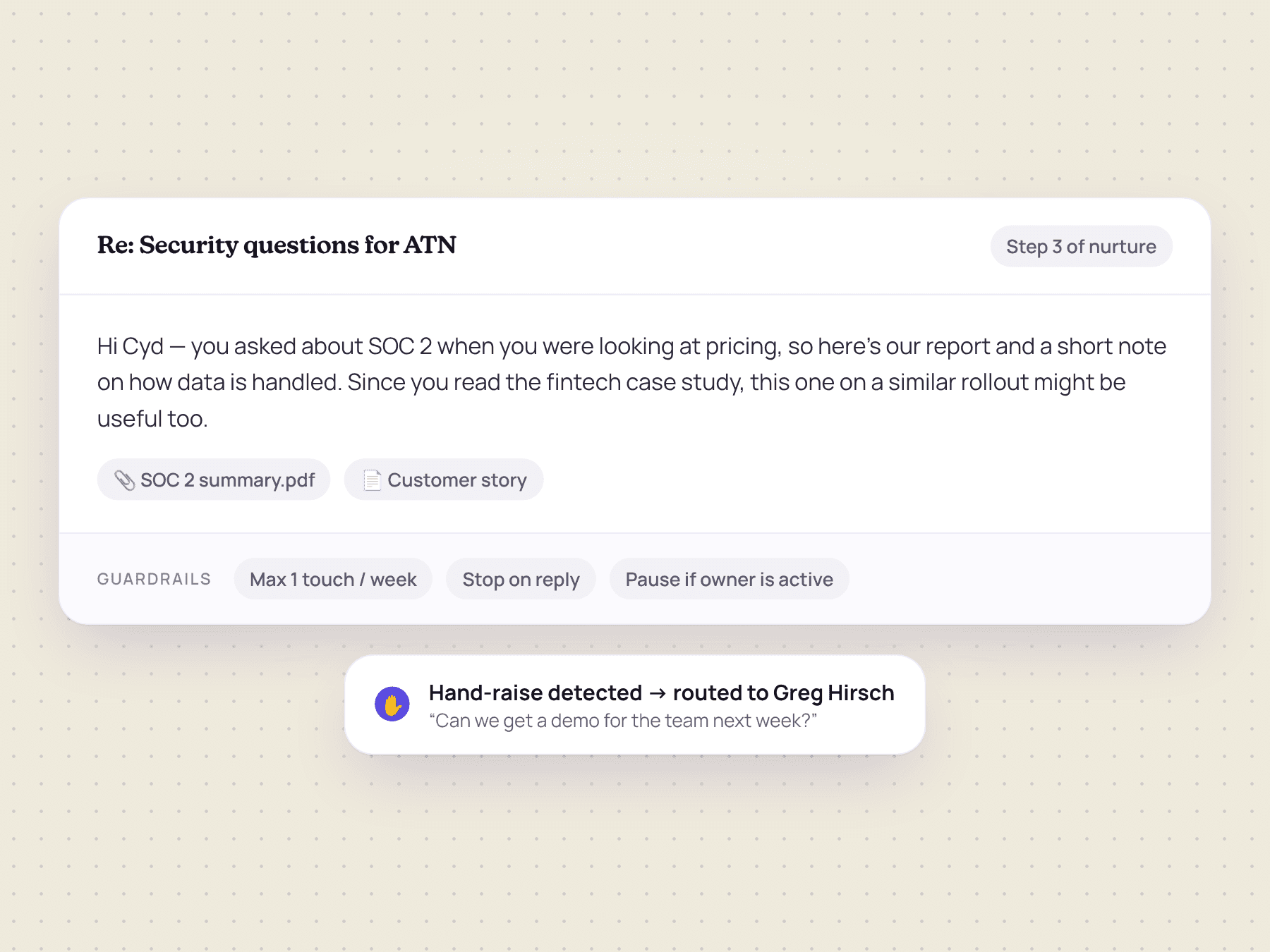 Contextual follow-up email with nurture guardrails and a hand-raise routed to the owner