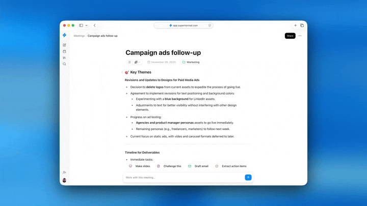 Meeting notes in Supernormal showing Shortcuts, including Make slides, Challenge this, Draft email, and Extract action items