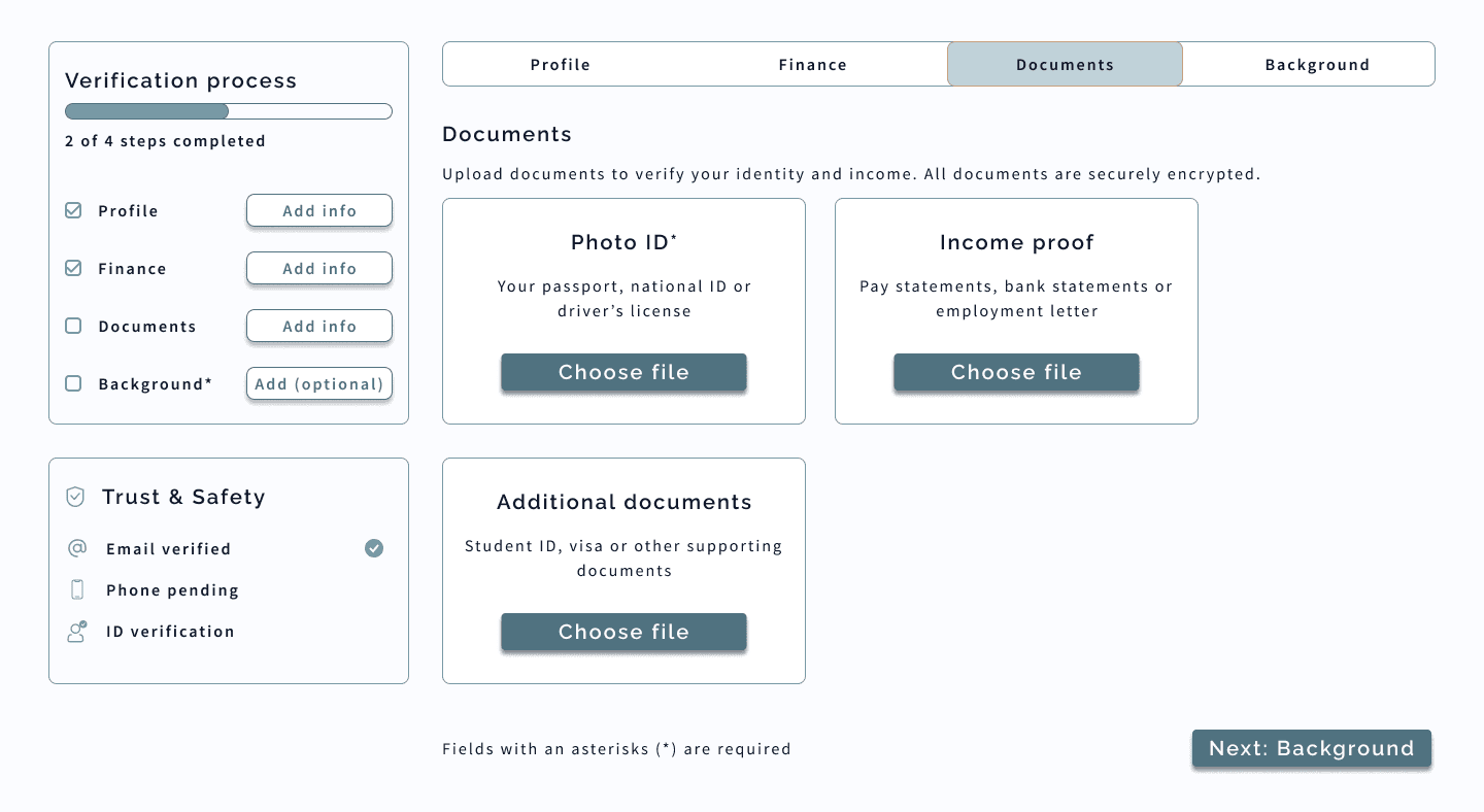 Urbiqo app screenshot showing verification options screen with document upload and profile sections