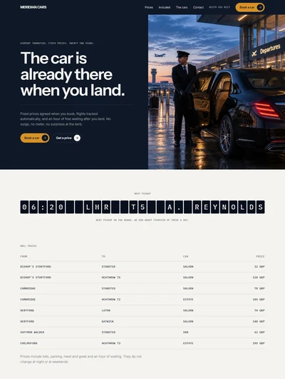 Airport transfer website built with AI showing a split hero with a chauffeur and saloon car, a split flap departure board reading 06:20 LHR T5 and a ruled fixed price table
