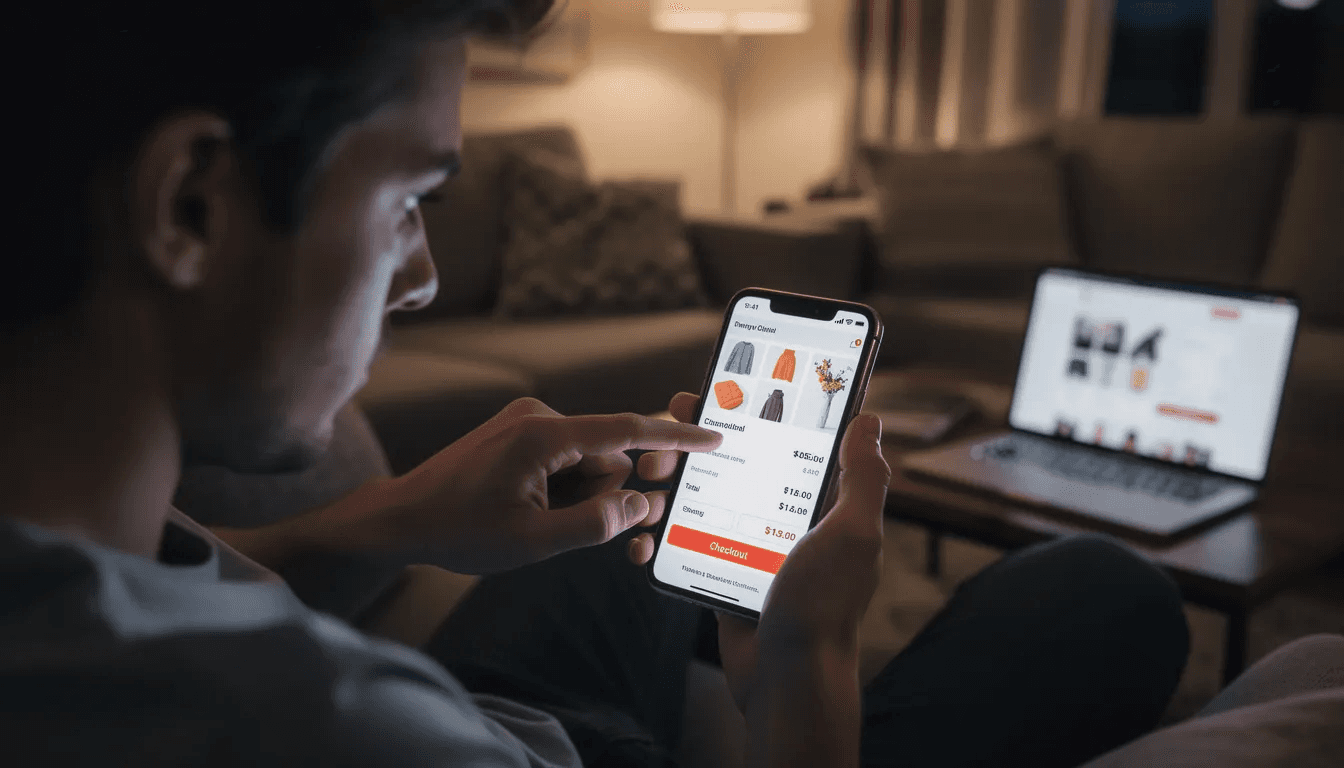 The image depicts a person using a mobile device to browse an ecommerce website, with a shopping cart that remains abandoned on the screen. This scenario highlights the importance of user experience and site performance in ecommerce SEO, as factors like page speed and mobile friendliness can impact conversion rates.
