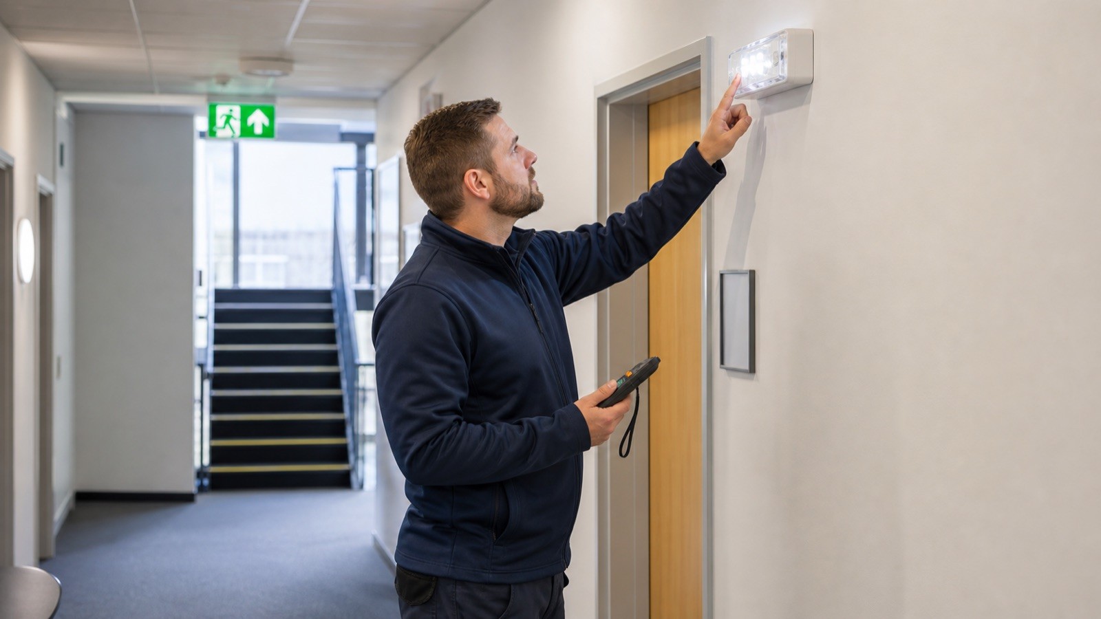 Technician checking emergency lighting on a commercial escape route