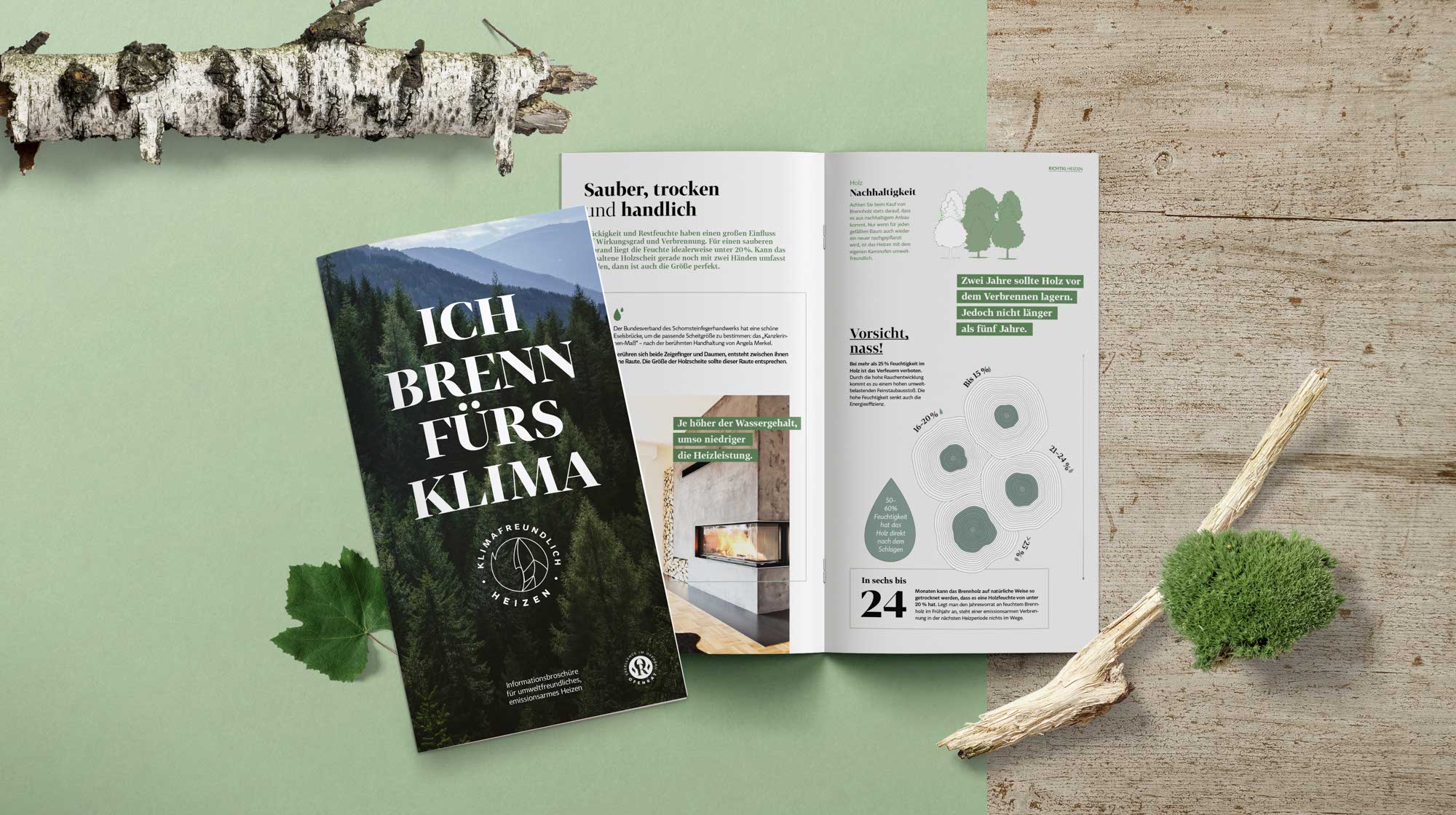 Titelseite der Ofenrat-Broschüre – emotionales Editorial Design rund ums klimaneutrale Heizen