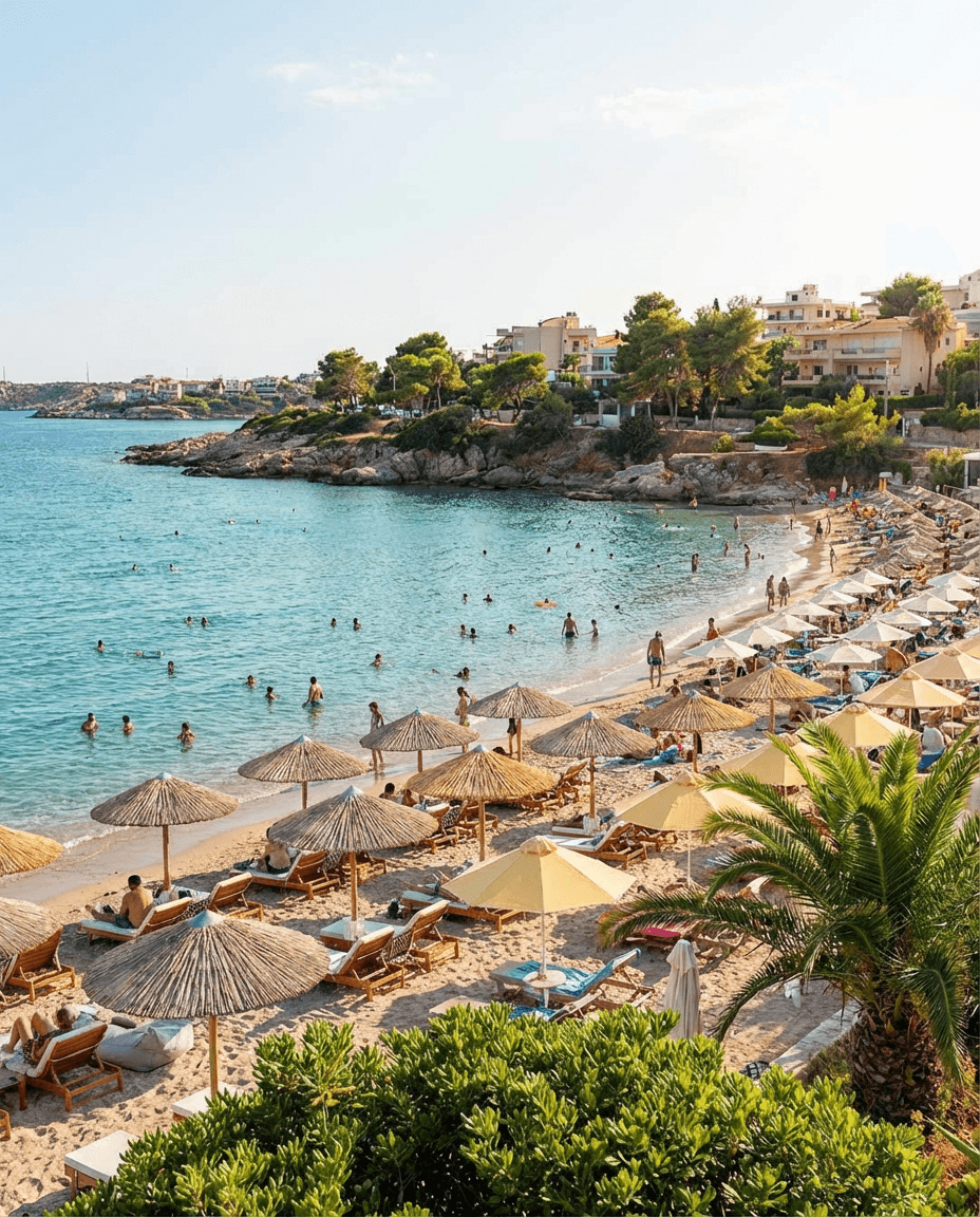 Sunny beach scene with umbrellas, swimmers, and southern Athens coastline.