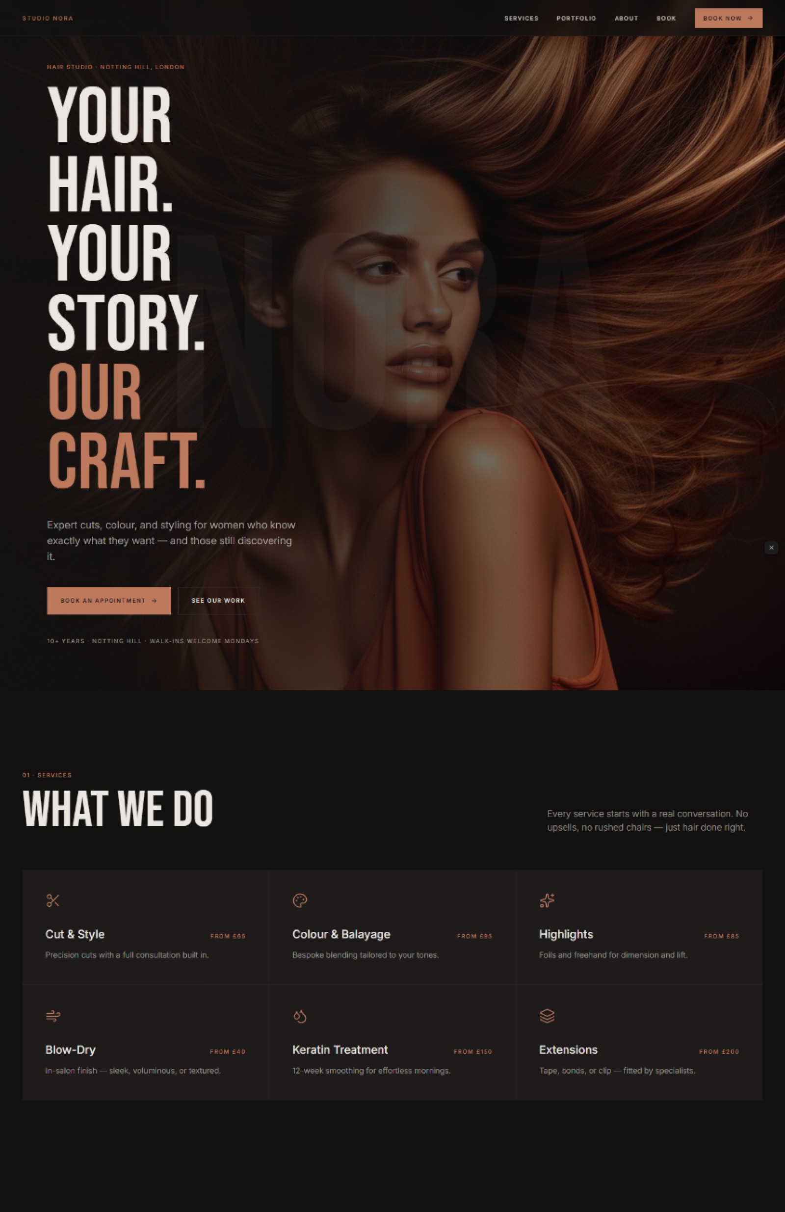 Hair salon website prompt — dark near-black and terracotta women's hair salon editorial website design preview