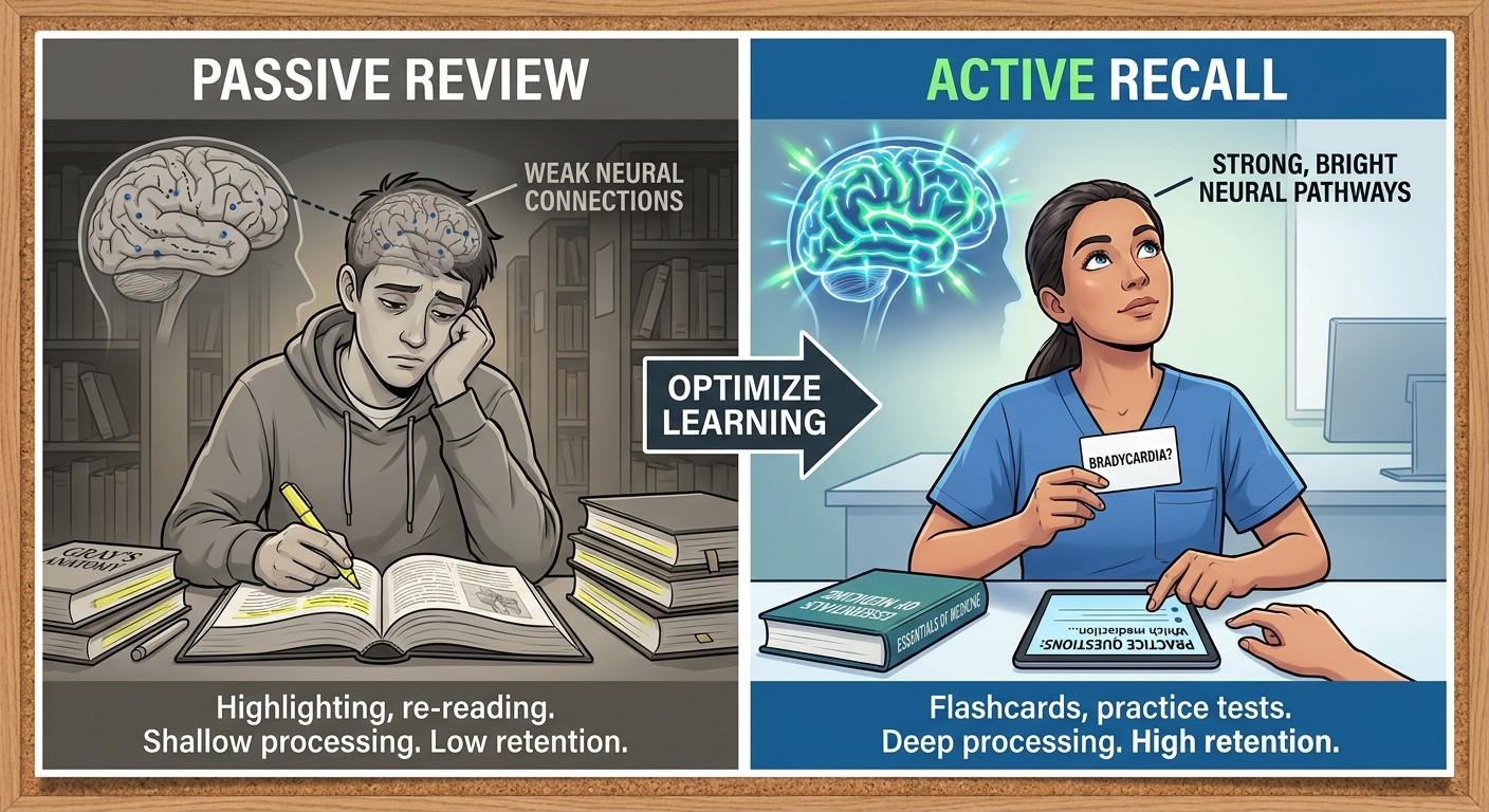 Passive review vs active recall comparison for medical students - neural pathway strength differences